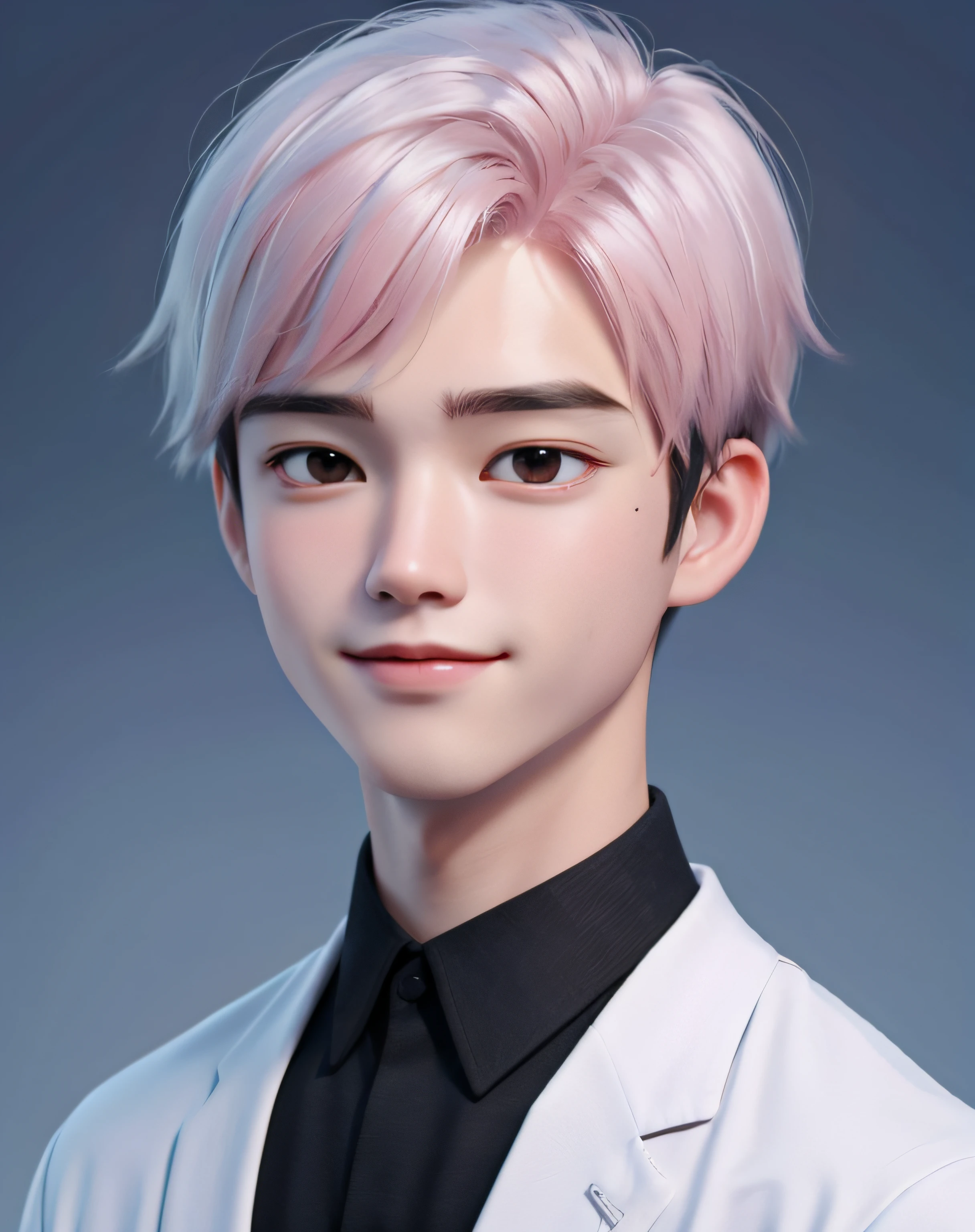 best quality, 1boy, solo, white hair, cartoon portrait , simple background, short hair, pink lips,