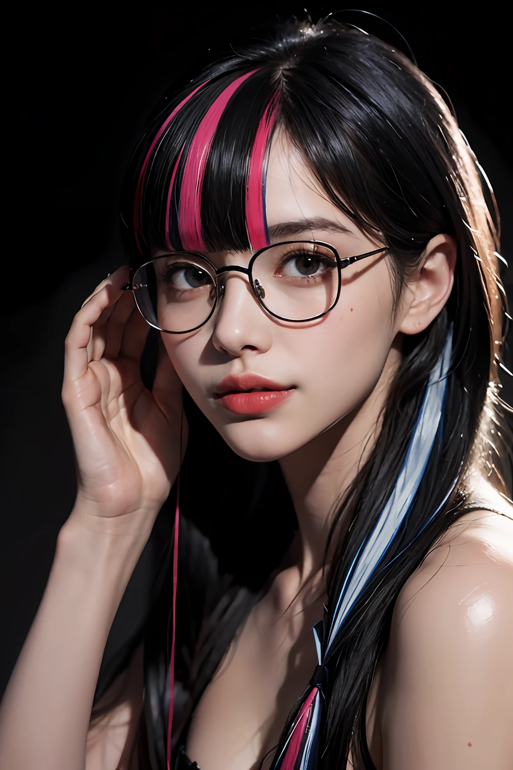 (8k, RAW, Photorealistic: 1.25), (((((hairs of streaked black))))), (Thin lip gloss, thin eyebrows, eyelashes, tear bags, snappy bangs, shiny face, shiny skin, best quality, ultra high resolution, depth of field, chromatic aberration, caustics, wide lighting, natural shading, Kpop idol) glasses, calm, Raking up one hair with hand, long hair, smile, little devil, in the house
