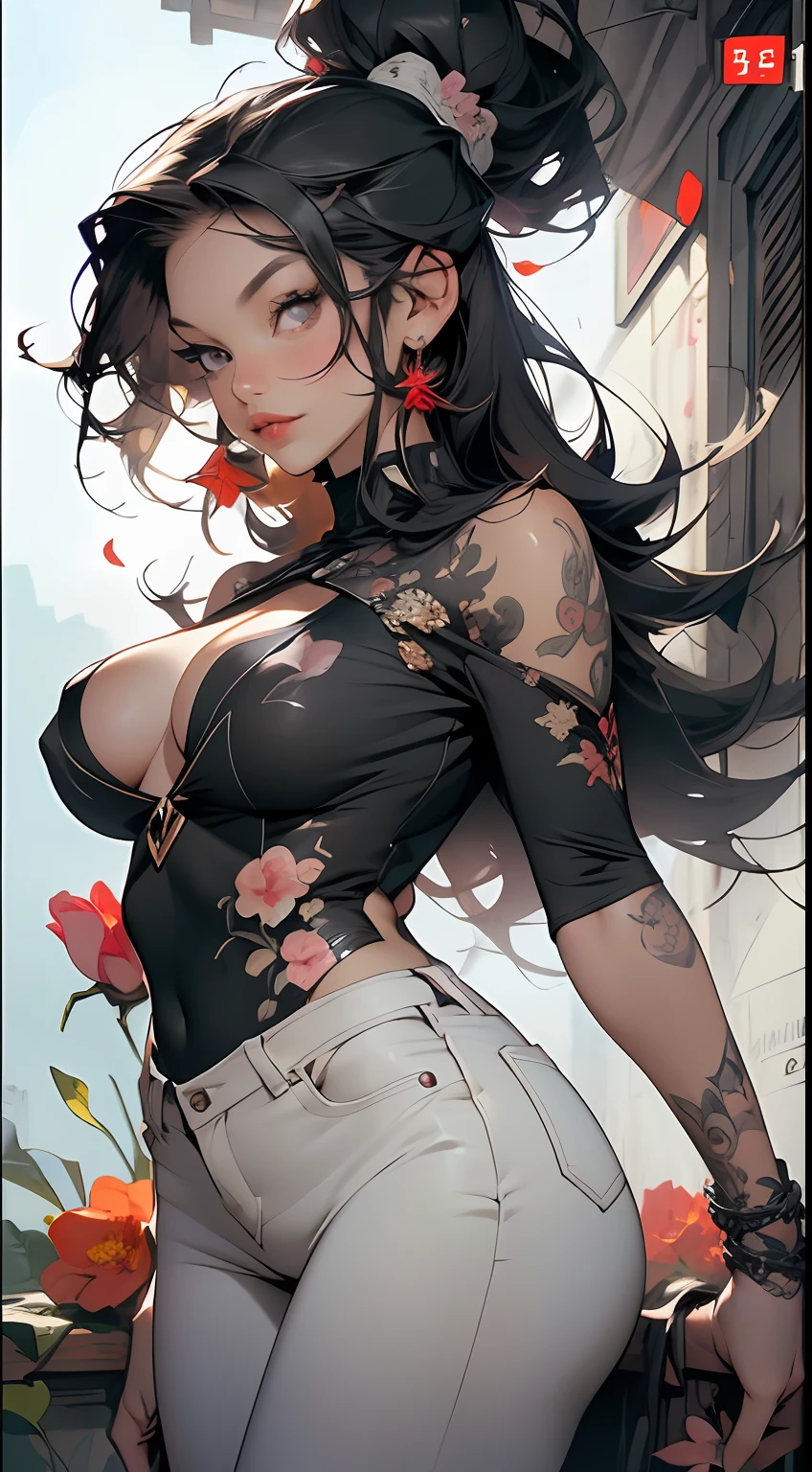 background, mixed-language_text, Japanese letters in featured graffit, beautiful woman, long black hair,::((best quality)), ((masterpiece)), (very detailed:1.3)(masterpiece:1.2, best quality), (finely detailed beautiful eyes: 1.2), (masterpiece:1.2, best quality), (finely detailed beautiful eyes: 1.2), ::style joe madureira comic stiyle ::2.9 (masterpiece:1.2, best quality), (finely detailed beautiful eyes: 1.2), ((1girl kelly brook very beautiful woman big breast )), ((solo)), (red eyes:1.4), (finely detailed eyes and detailed face:1.3),), (with jeans and a white t-shirt or dress:1.3), (beautiful and clear background:1.2), (extremely detailed, ultra-detailed cg, best shadow:1.1), ((depth of field)), ((watercolor)), large breasts, bare shoulders, flowers and petals, beautiful conceptual illustration, (white background:0.5), (illustration:1.1), (extremely thin and beautiful:1.1), (perfect details: 1.1), masterpiece, high quality, highres, detail enhancement, 8k, hd, masterpiece, best quality, high quality, highres, detail enhancement