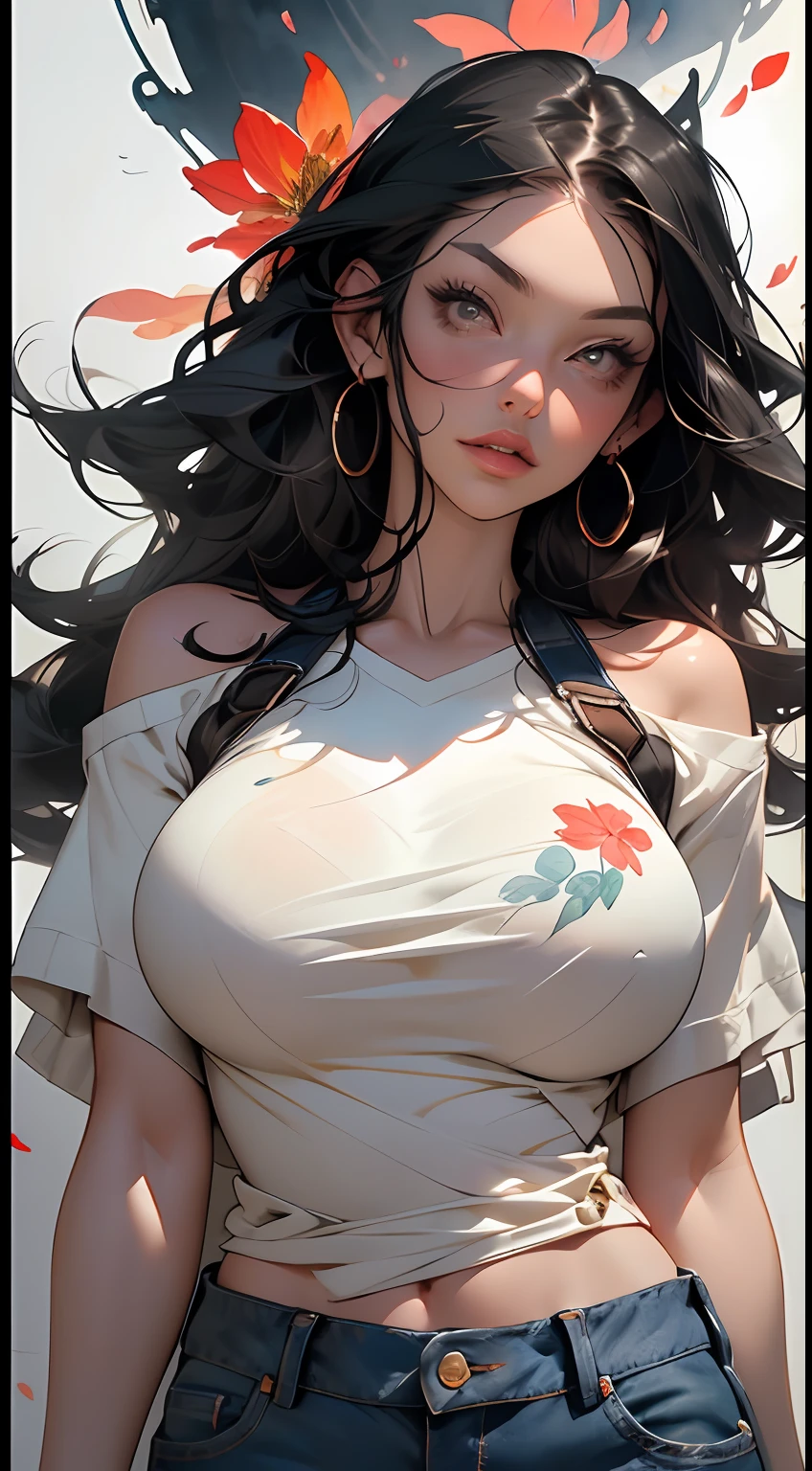 background, mixed-language_text, Japanese letters in featured graffit, beautiful woman, long black hair,::((best quality)), ((masterpiece)), (very detailed:1.3)(masterpiece:1.2, best quality), (finely detailed beautiful eyes: 1.2), (masterpiece:1.2, best quality), (finely detailed beautiful eyes: 1.2), ::style joe madureira comic stiyle ::2.9 (masterpiece:1.2, best quality), (finely detailed beautiful eyes: 1.2), ((1girl kelly brook very beautiful woman big breast )),   ((solo)), (red eyes:1.4), (finely detailed eyes and detailed face:1.3),), (with jeans and a white t-shirt or dress:1.3), (beautiful and clear background:1.2), (extremely detailed, ultra-detailed cg, best shadow:1.1), ((depth of field)), ((watercolor)), large breasts, bare shoulders, flowers and petals, beautiful conceptual illustration, (white background:0.5), (illustration:1.1), (extremely thin and beautiful:1.1),   (perfect details: 1.1), masterpiece, high quality, highres, detail enhancement, 8k, hd, masterpiece, best quality, high quality, highres, detail enhancement