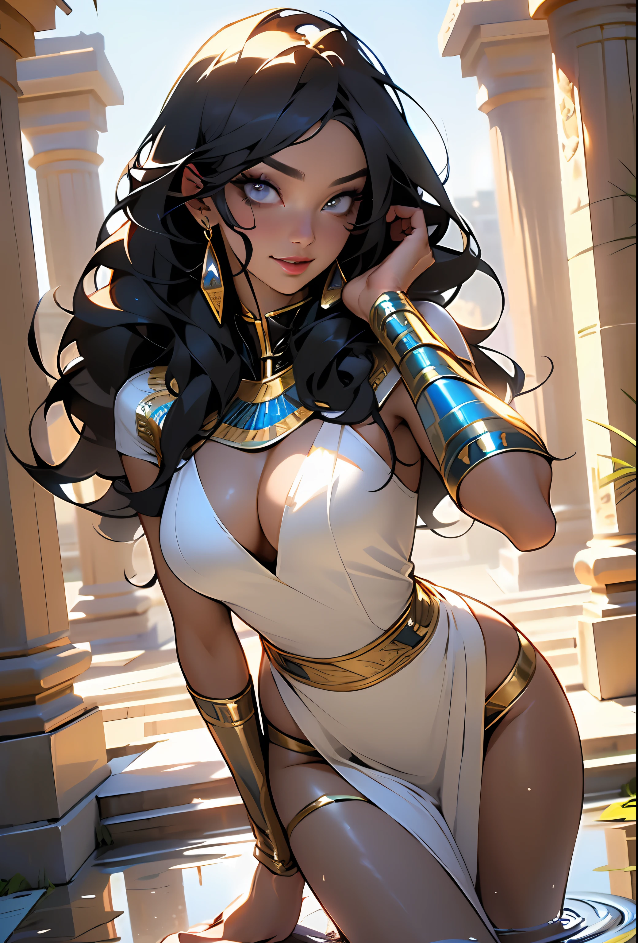 woman from ancient Egypt, 1female,
((milf, mom, mature, mature woman, 45 years old female, adult)), (large breasts:1.5), saggy breasts, (((black hair:1.4, straight hair, long hair:1.4))), ((yellow eyes, beautiful detailed eyes, half open eyes, bright eyes)), (((dark skin:1.4, tanned skin, lustrous skin:1.5, glossy skin, wet skin, sweating, shiny skin, shiny body))), spider lower abdomen, narrow waist, wide hip, bimbo body), inflated legs, (delicate detailed fingers), ((hand consists of a short thumb and four fingers, hand with just five fingers)), hand reference,
(cute, slutty, sensual, seductive look, seductive, erotic, enchanting, nsfw),
revealing clothing, show skin, cleavage, (barefoot,),princess, goddess, beautiful white clothes, fantasy, white silk, (robe top), (eyes shadow), (egyptian makeup), eyelid makeup, (eyes shadow), (gold lips), gold lipstick, (Transparent cloth:1.1),
dynamic pose, looking at viewer, (smirk, beautiful smile), (full height), full body,
outdoors, pillars, ((pillars background, egyptian palace, egyptian palace background)), detailed background, extremely detailed background, (puddles everywhere, moss, moss on the background),
(best quality), (high resolution), (sharp focus), (ultra detailed), (extremely detailed), (extremely high quality artwork), 8k_wallpaper, (extremely detailed CG 8k),(very fine 8K CG), ((hyper super ultra detailed perfect piece)), flawless, (((masterpiece))), illustration,
(dynamic lighting), dynamic light, sunshine, sun rays, god rays, cinematic light, (cinematic shadow), (textile shading) , (cinematic shadow), vibrant colors,