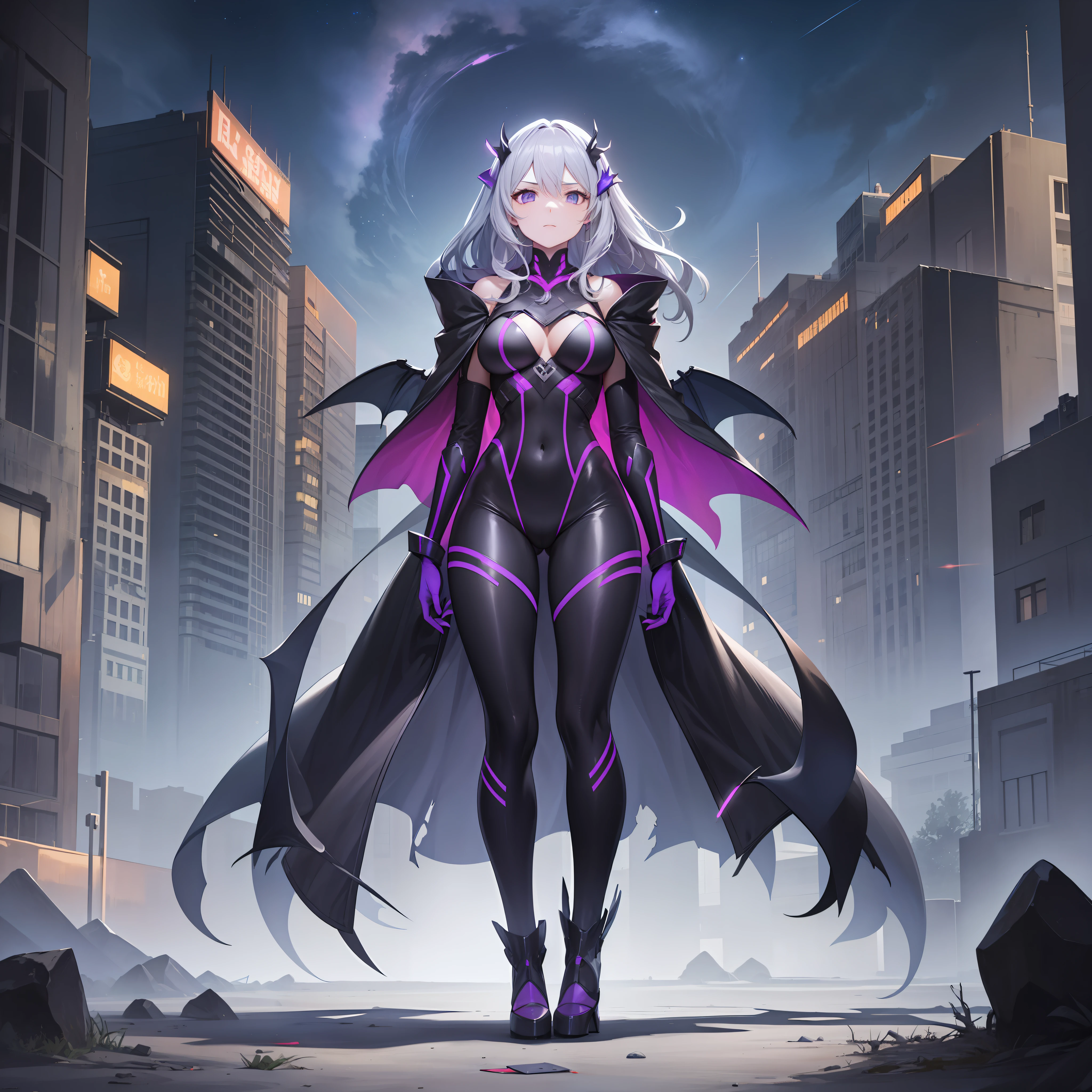 Age 30 years woman, Long gray hair with dragon Clip, bodysuit Merged with robes with glow Motive Dark black purple, high heels, Third person view, looking at the desert, best quality, masterpiece, HD, Full Body, Night sky, variation angle, Serious expression, facing back