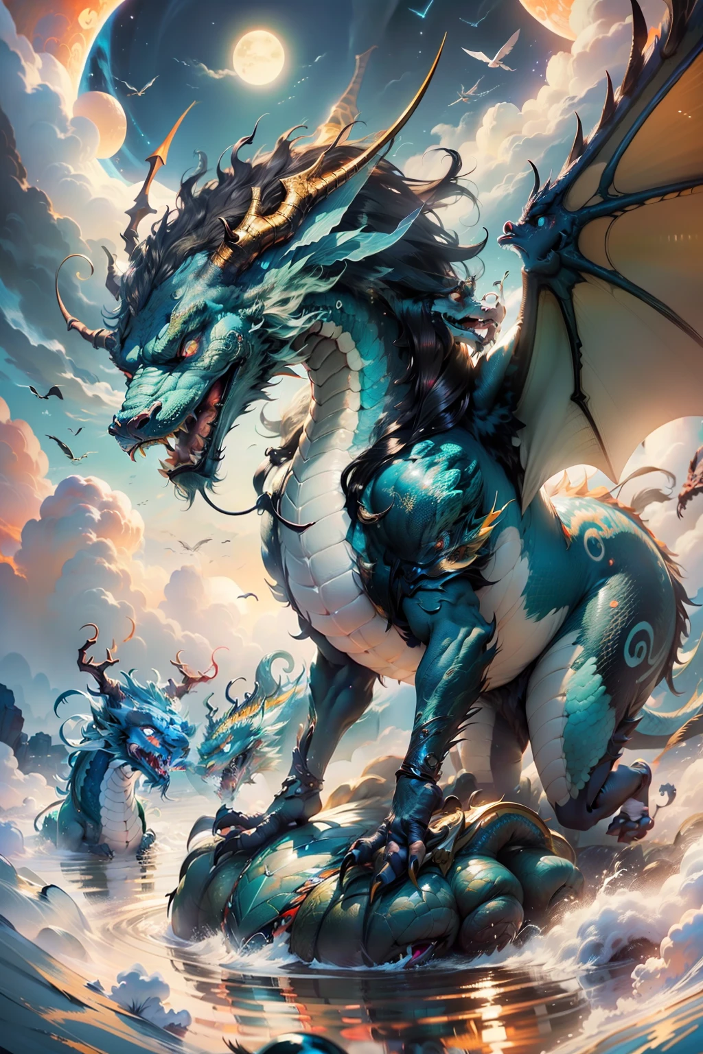 Colorful morning clouds in the sky, fairy air, no people, very expressive, strong sense of picture, dazzling sun, mythical, Chinese dragon and mythical creature fighting, flood famine