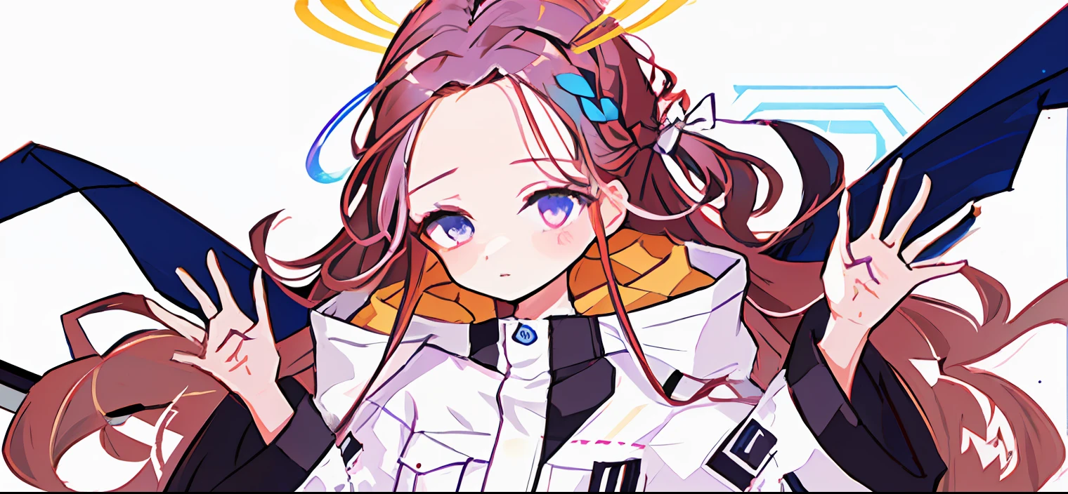 (masterpiece, high quality, gradient, (white background, simple background)), ((solo, 1 girl)), purple eyes, detailed eyes, purple hair, long hair, white coat, looking at people, legs focus, waving, pastel color, from top, (((eyes focus, upper body, small breast)),