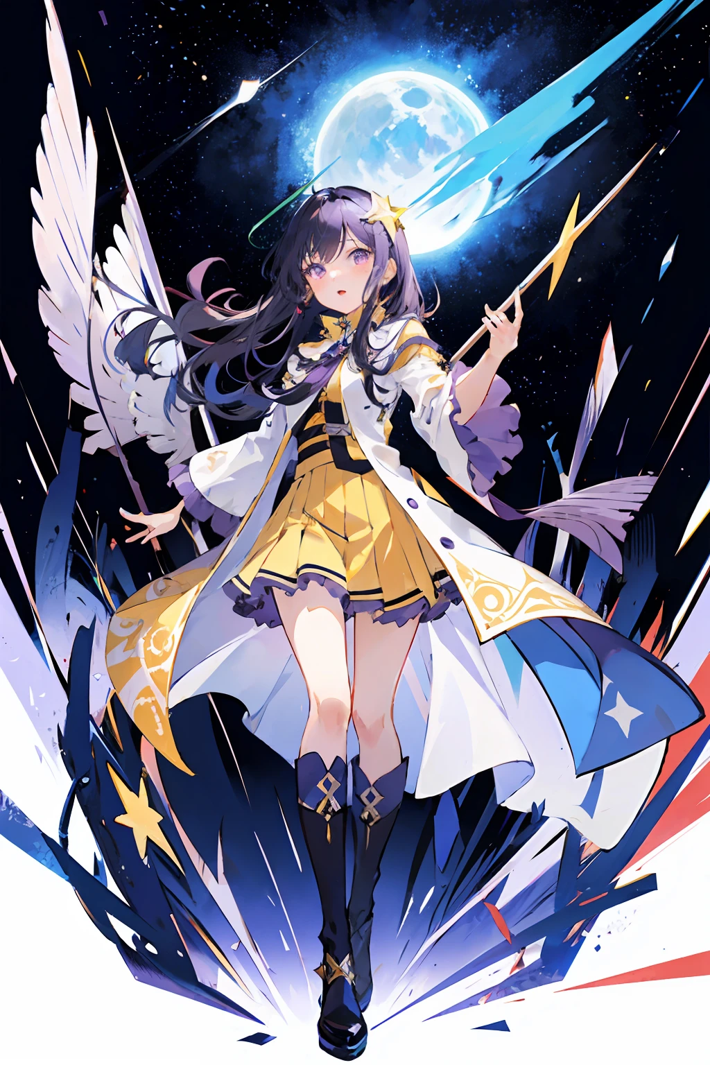 Charter layout, full body, semi-floating, young girl, purple shawl long hair, purple eyes, purple tattoo on face, yellow five-pointed star surrounding, technical short skirt, starry sky, fancy dress, detail clothes, standing painting on white background