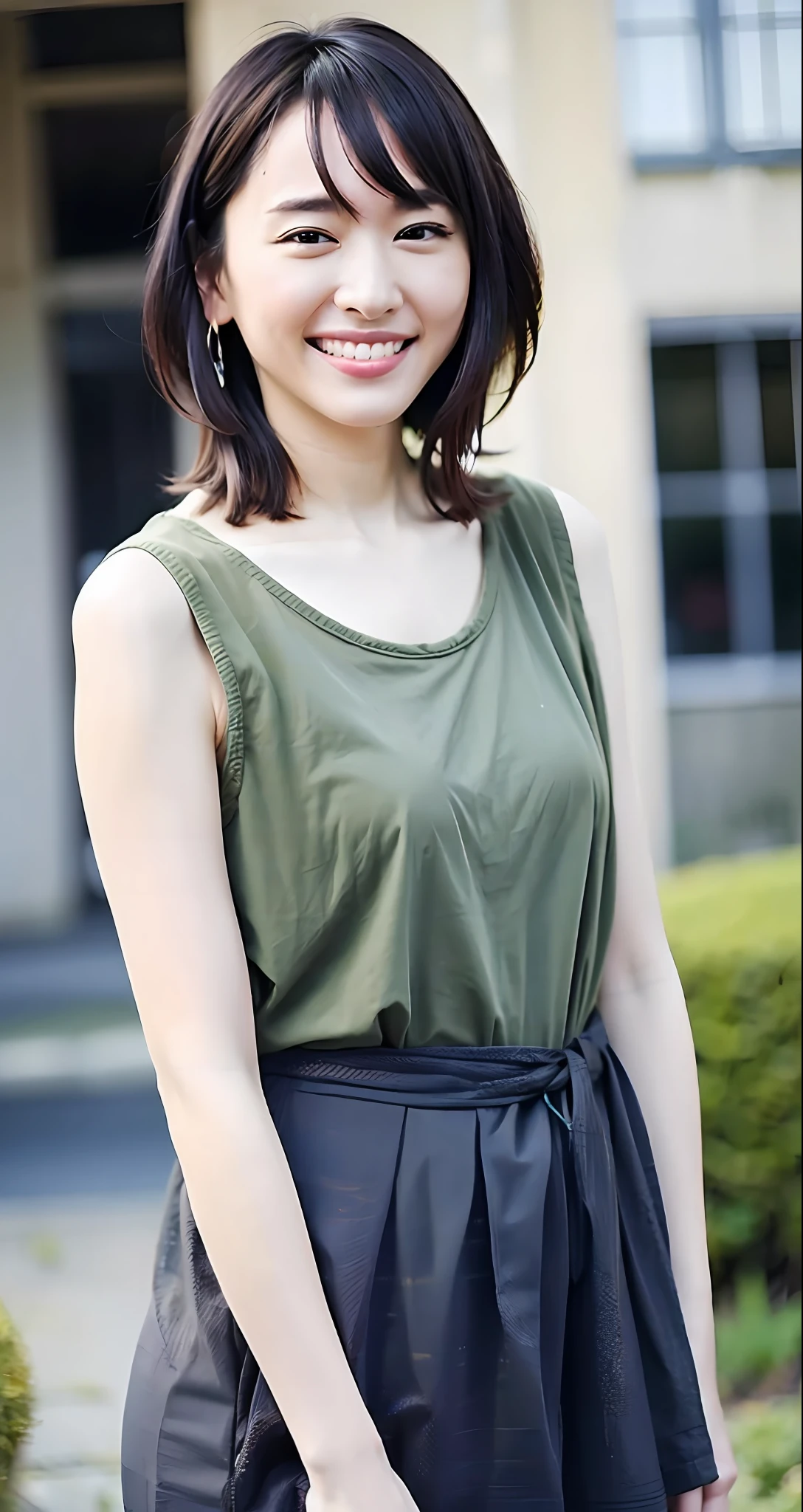 Top Quality, Masterpiece, Ultra High Resolution, (Photorealistic: 1.4), Raw Photo, 1 Girl, Japan Beauty, Beautiful Skin, Black Hair: 1.7, Gacky, (((Short Hair: 1.5)), 30 years old, Laughing happily: 1.2, Tank Top