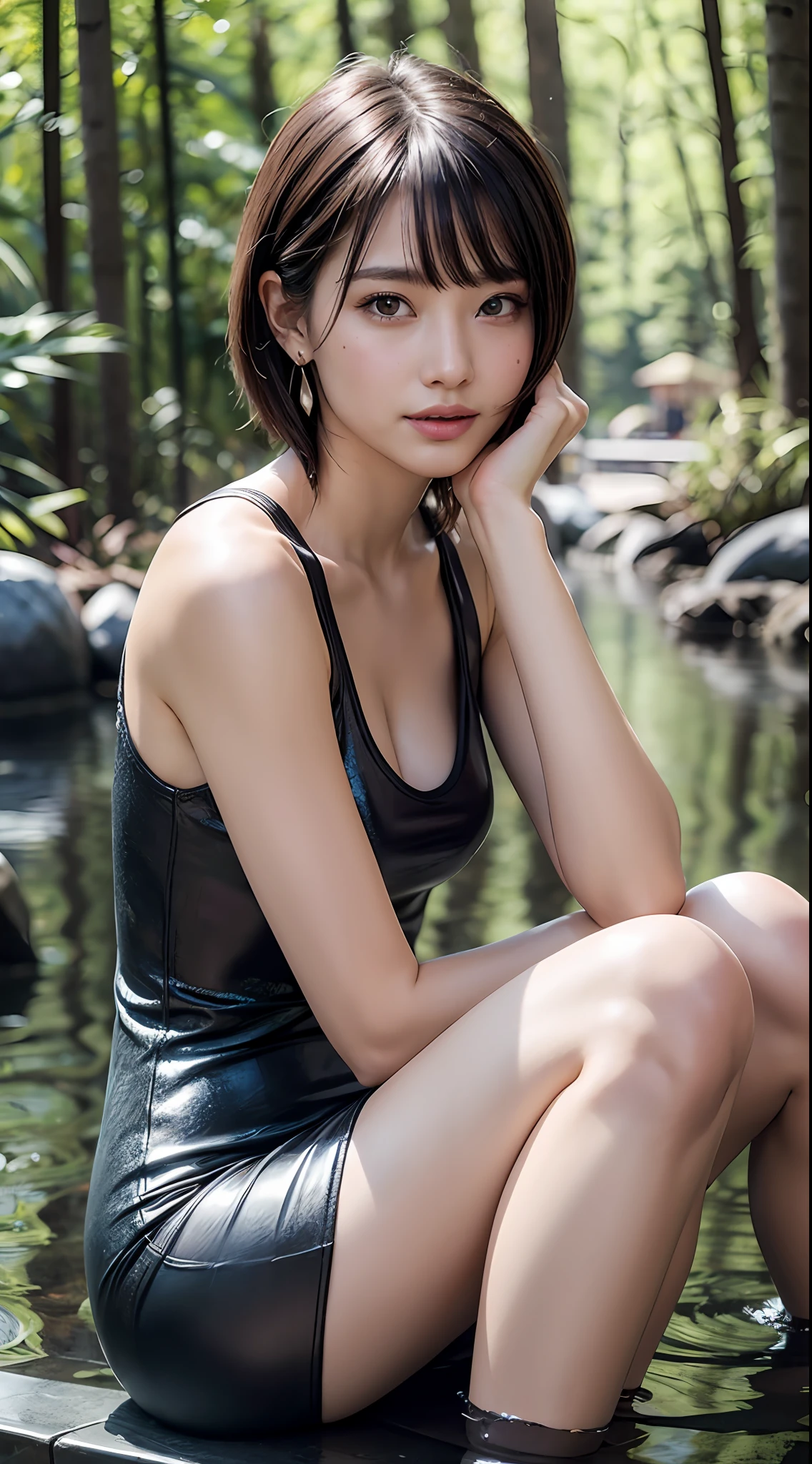 (8k, RAW photos, super high quality, super detailed CG Unity 8k wallpaper, masterpiece: 1.2), one girl, 3D, looking the viewer, laughing, super beautiful detailed eyes, accurate shiny iris depiction, pupil is black, water-based humor shine, ultra-detailed eyelashes, iris with a very slightly black rim, delicate and beautiful hair, ultra-detailed hair, precise shading of hair, delicate hair tips, professional makeup, ultra-detailed lips, Precisely drawn lip wrinkles, beautiful shiny lips, wearing small jewelry earrings, short hair, (shiny skin due to sweat: 0.3), sleeveless ivory dress, precise shading created on clothes, playing knee-deep in a lake in a beautiful forest