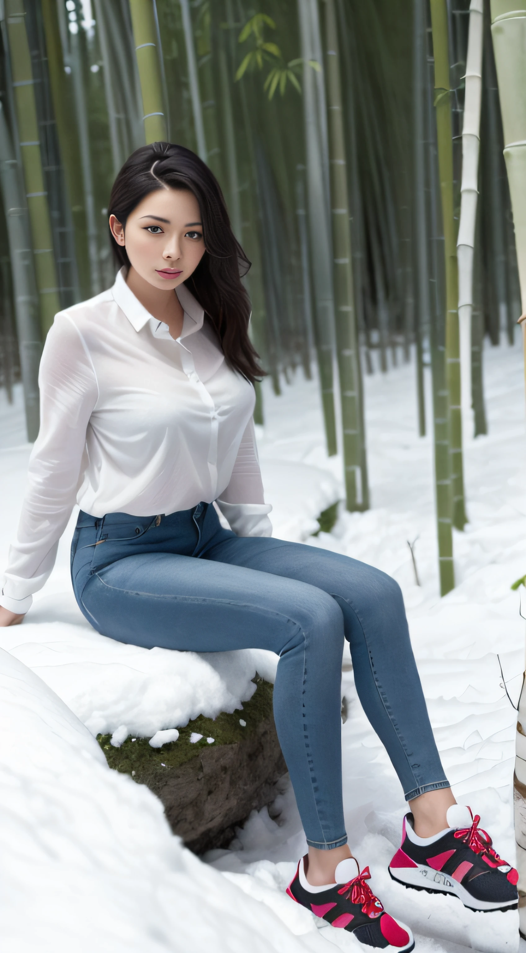 High-definition, realistic, a long-legged woman wearing a soaked white shirt, blue skinny jeans and sneakers sits on a large rock in the middle of a bamboo forest in winter, surrounded by snow, and her hands are not visible.