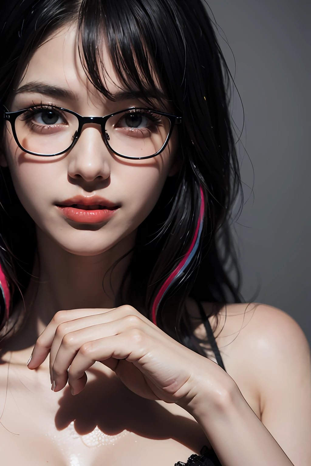(8k, RAW photos, photorealistic: 1.25), ((((hairs of streaked black))))), (thin lip gloss, thin eyebrows, eyelashes, tear bags, snappy bangs, shiny face, shiny skin, best quality, ultra high resolution, depth of field, chromatic aberration, caustics, wide lighting, natural shading, Kpop idol), glasses, calm, long hair, smile, little devil, in the house, hand sign, beautiful hands, five fingers, beautiful fingers