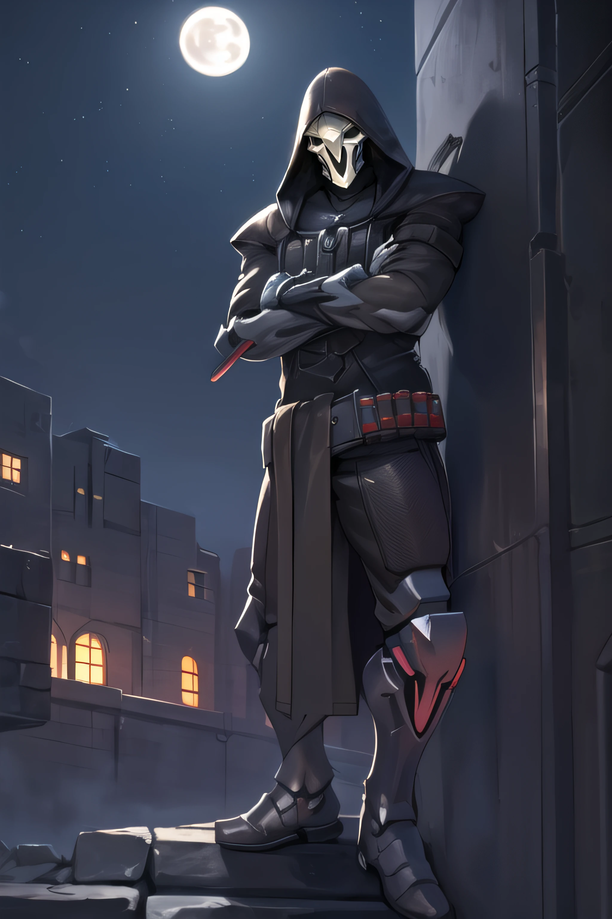 reaper, greaves, gauntelts, ammunition belt, leaning on the wall, crossed arms, skull mask, hood up, coat, armor, moonlight, night sky, futuristic city, best quality,