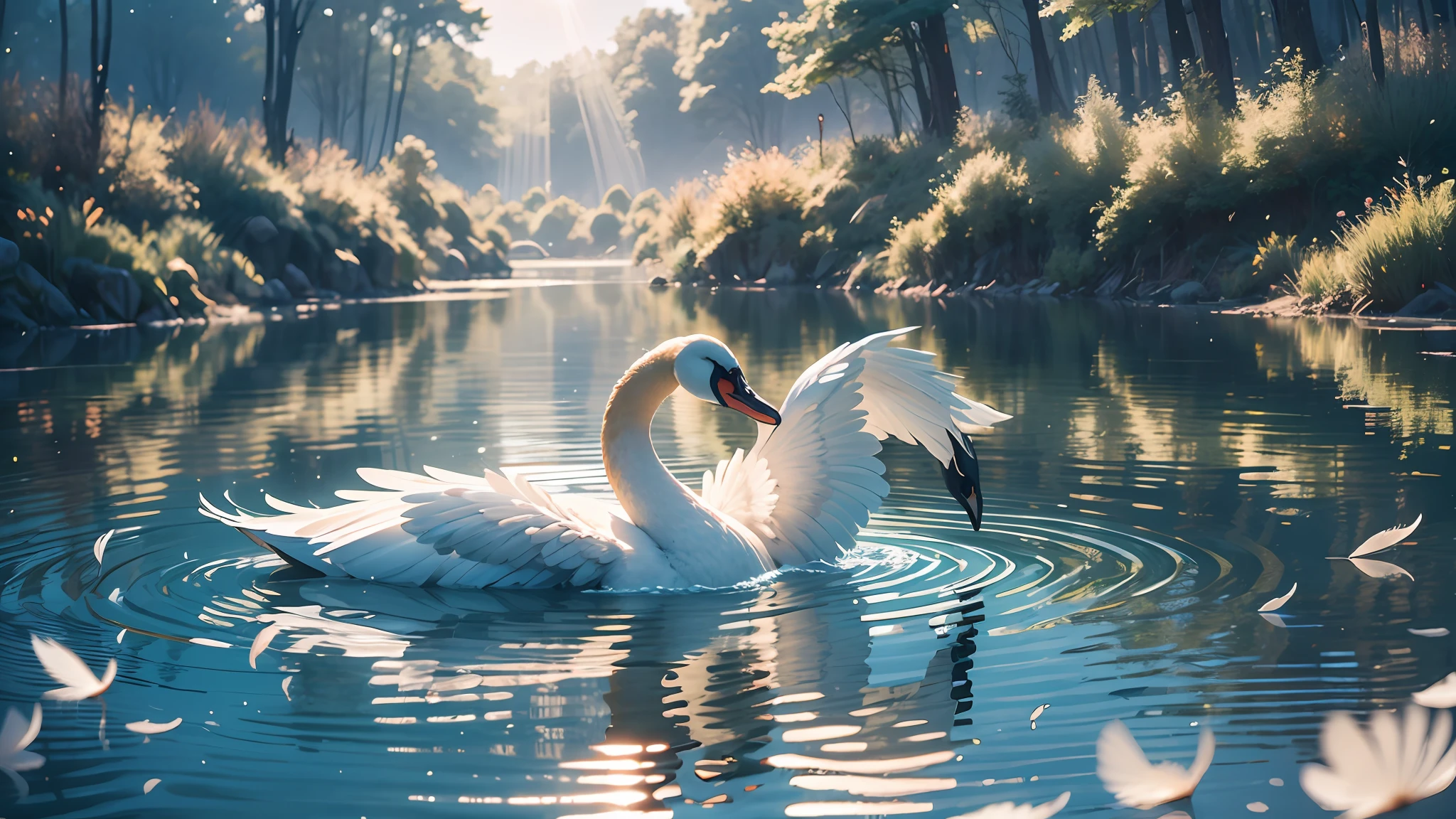 majestic swan gliding gracefully through the crystal clear waters. Each pure white feather of the swan looked like a ray of light captured by the sun, filling the environment with an 8k celestial aura --auto --s2