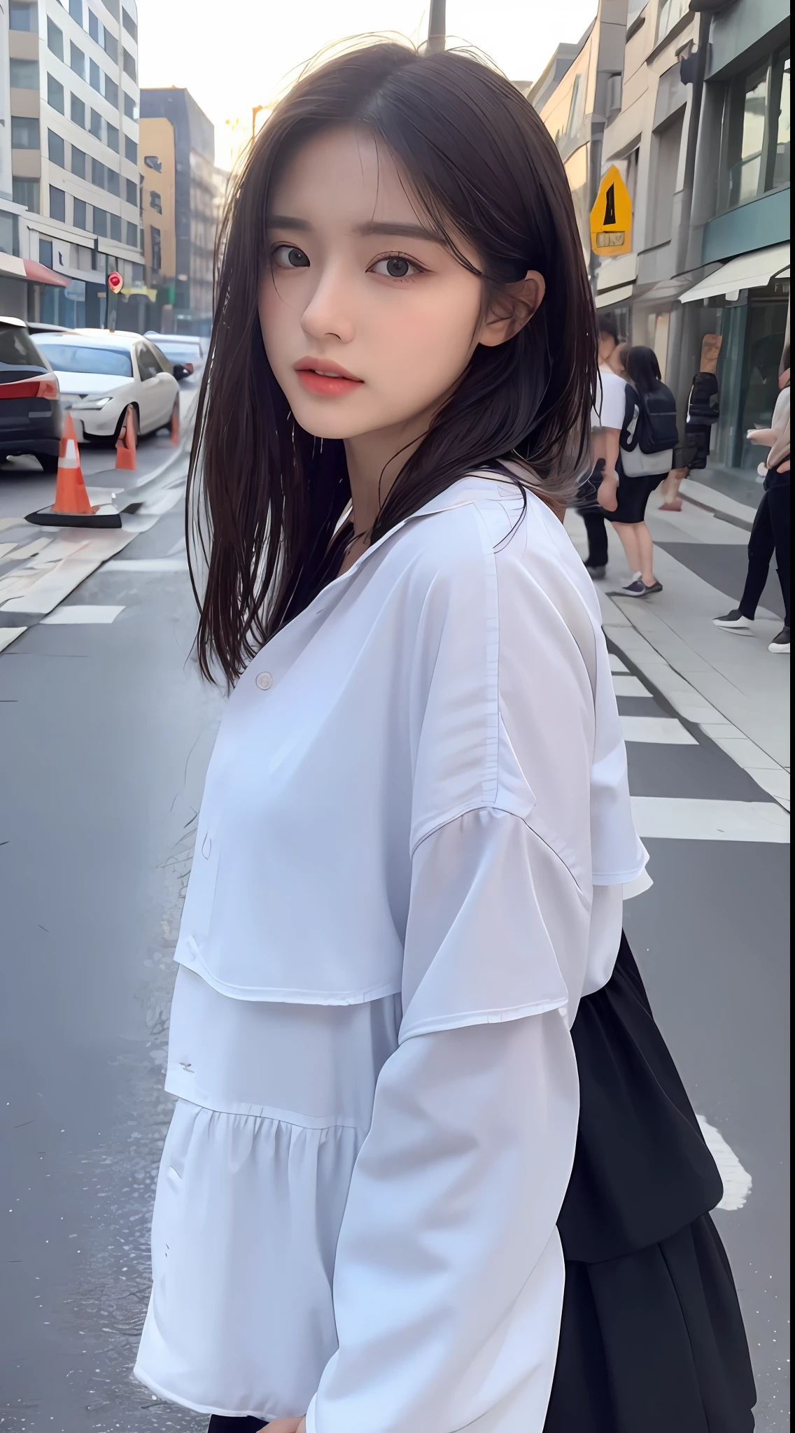 ((Top Quality, 8k, Masterpiece: 1.3)), Focus: 1.2, Perfect Body Beauty: 1.4, Ass: 1.2, (Layered Haircut, Chest: 1.2)), (Wet Clothes: 1.1), (Rain, Street: 1.3), Bando Dress: 1.1, Highly Detailed Face and Skin Texture, Detailed Eyes, Double Eyelids, Whitened Skin, Long Blue Hair,