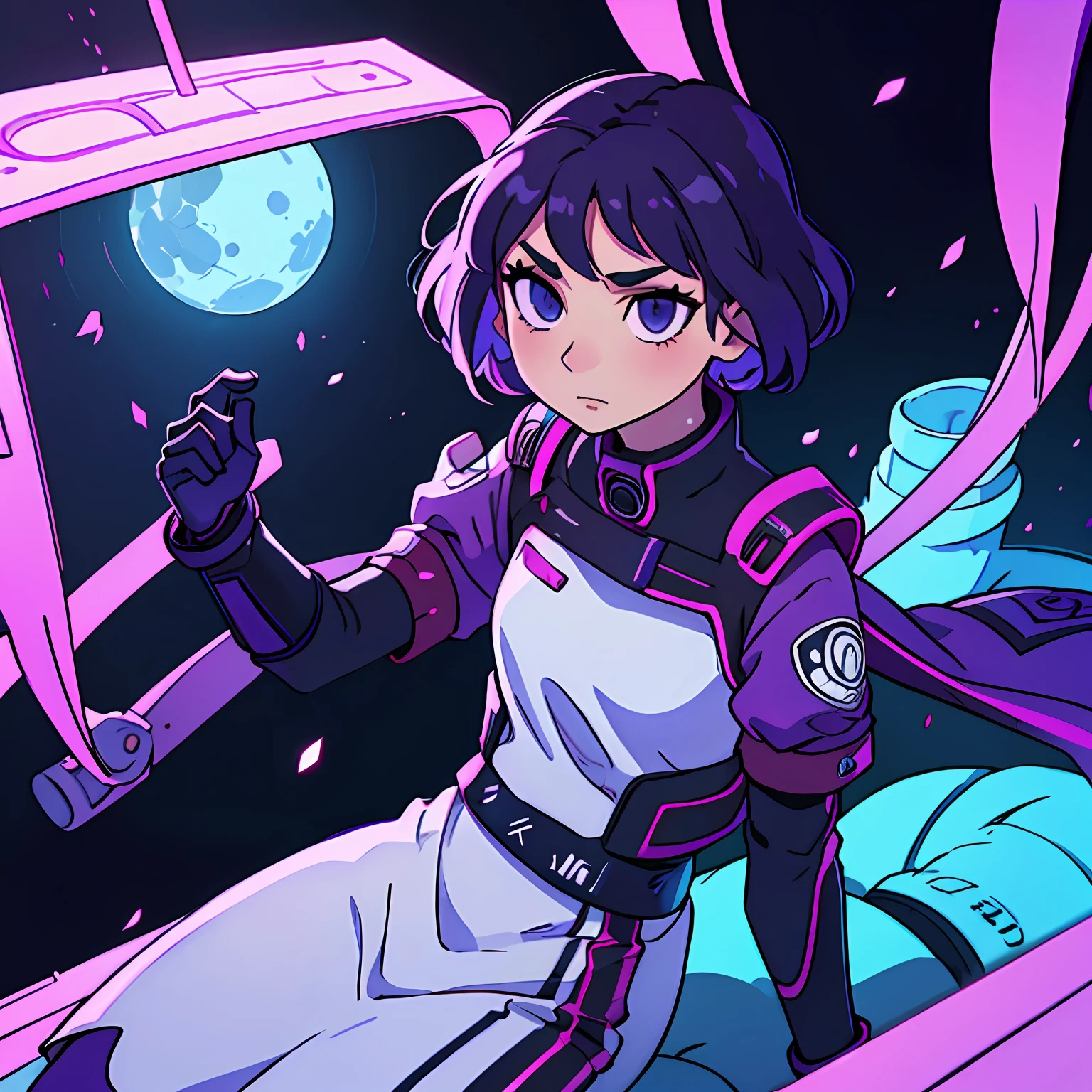 girl, purple short hair, futuristic clothing, anime style --auto