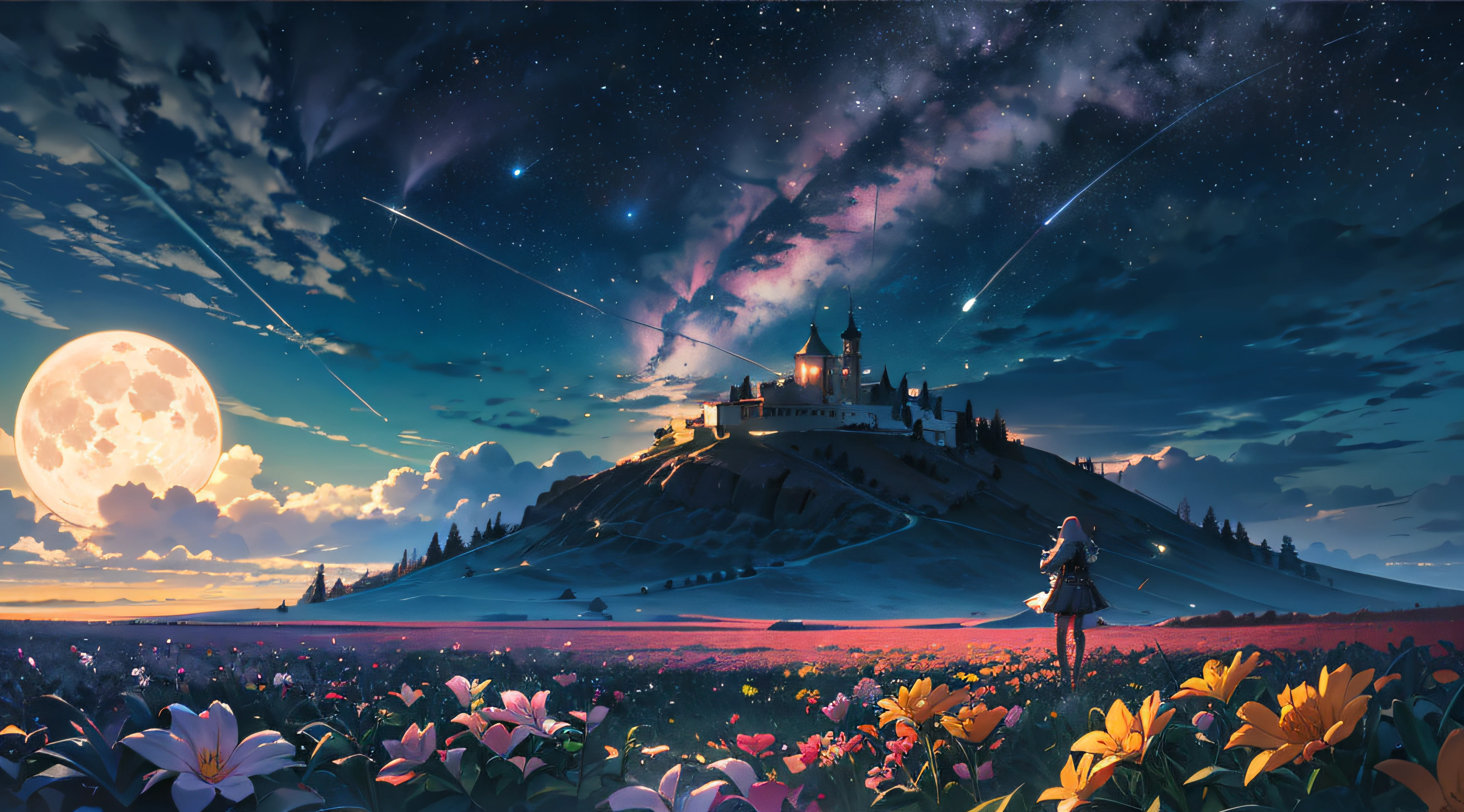 Vast landscape photo, (viewed from below, the sky is above and the open field is below), a girl standing on a flower field looking up, (full moon: 1.2), (meteor: 0.9), (nebula: 1.3), distant mountains , Trees BREAK Crafting Art, (Warm Light: 1.2), (Fireflies: 1.2), Lights, Lots of Purple and Orange, Intricate Details, Volumetric Lighting, Realism BREAK (Masterpiece: 1.2), (Best Quality), 4k, Ultra-Detailed, (Dynamic Composition: 1.4), Very Detailed, Colorful Details, (Rainbow Colors: 1.2), (Glow Lighting, Atmospheric Lighting), Dreamy, Magical, (Solo: 1.2)