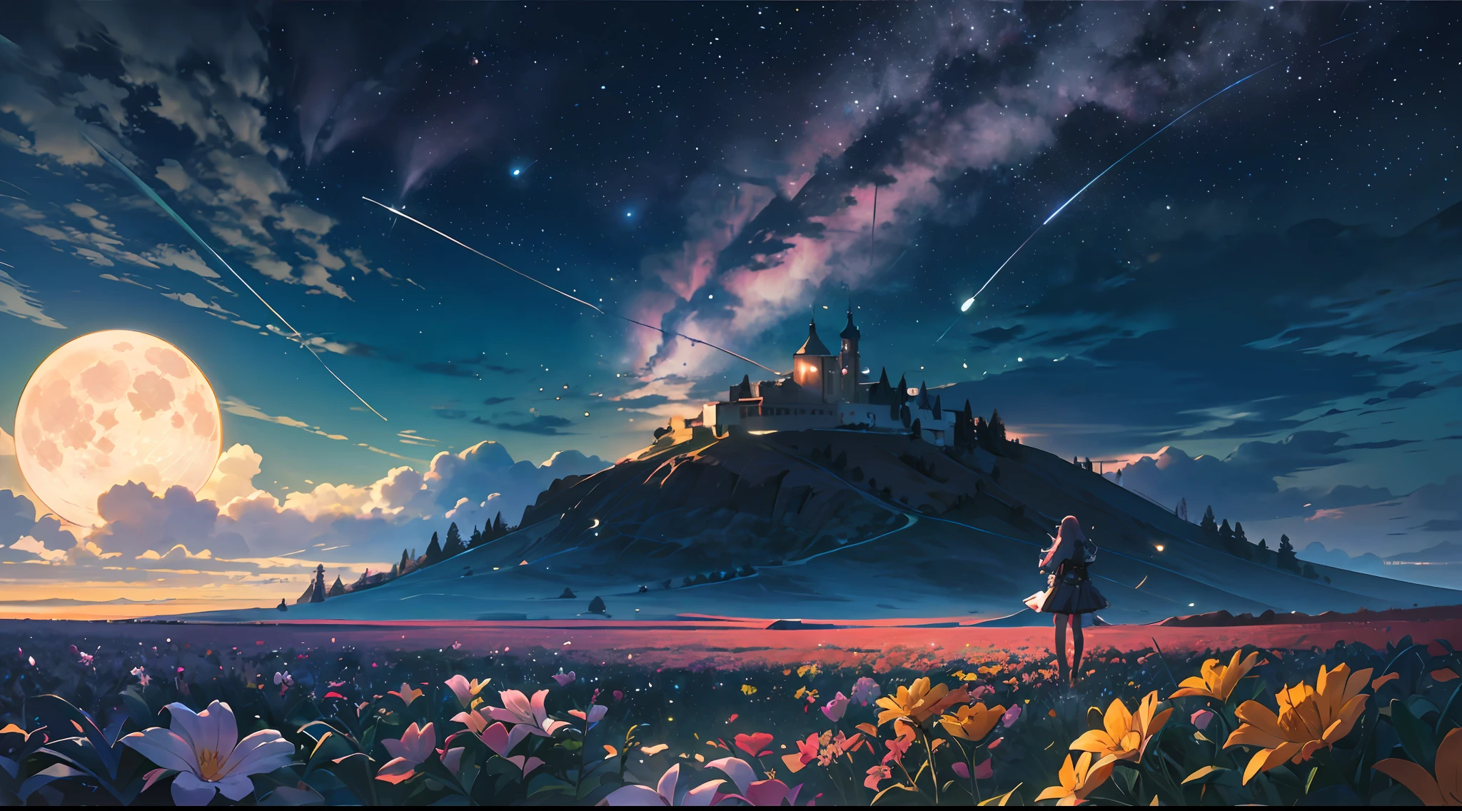 Vast landscape photo, (viewed from below, the sky is above and the open field is below), a girl standing on a flower field looking up, (full moon: 1.2), (meteor: 0.9), (nebula: 1.3), distant mountains , Trees BREAK Crafting Art, (Warm Light: 1.2), (Fireflies: 1.2), Lights, Lots of Purple and Orange, Intricate Details, Volumetric Lighting, Realism BREAK (Masterpiece: 1.2), (Best Quality), 4k, Ultra-Detailed, (Dynamic Composition: 1.4), Very Detailed, Colorful Details, (Rainbow Colors: 1.2), (Glow Lighting, Atmospheric Lighting), Dreamy, Magical, (Solo: 1.2)