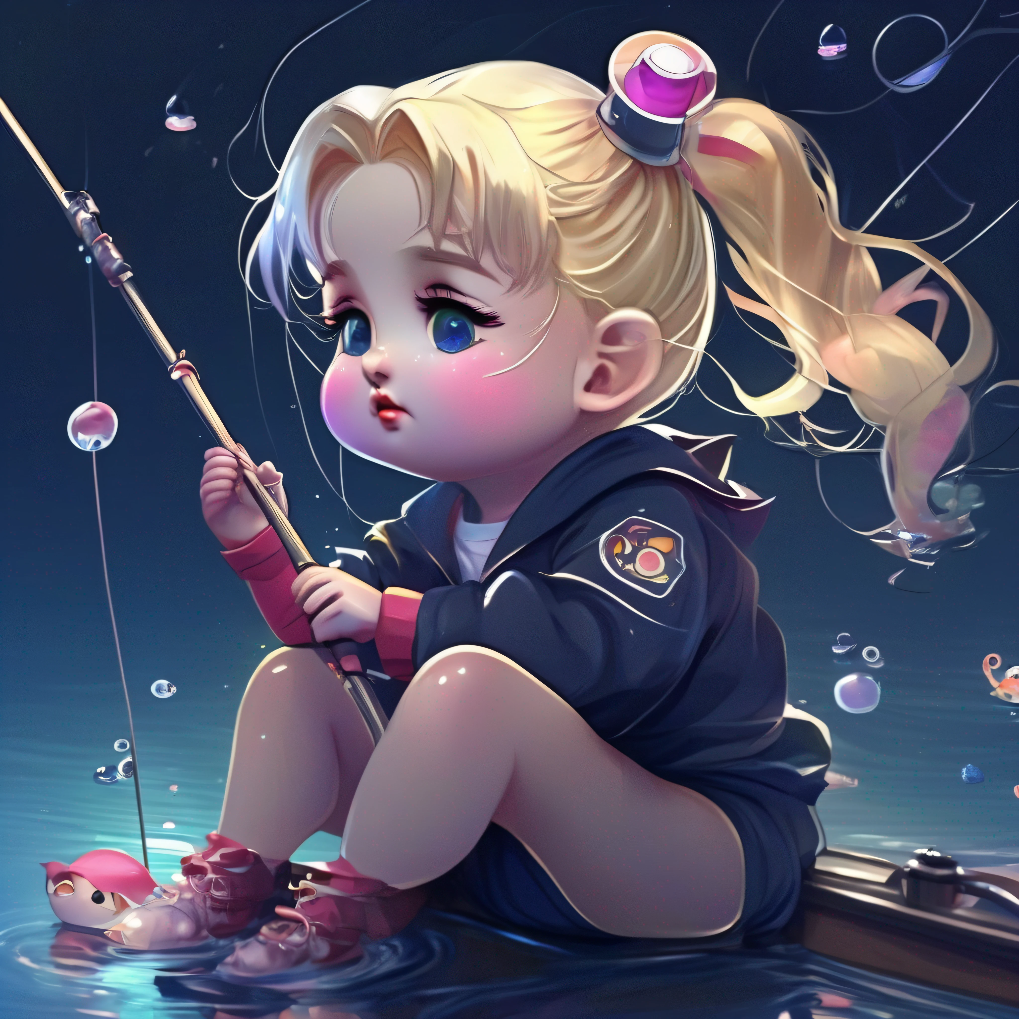 3-year-old Sailor Moon is fishing, swimsuit, cute and cute, Kawaii, delicate face, big eyes, round face, blonde hair, baby fat, holding a fishing rod, sitting on a boat, closing his eyes, aesthetic, a lot of small fish in the water, there are reflections in the water, cyberpunk, high quality, dynamic angle, high resolution, light and shadow effects, holograms