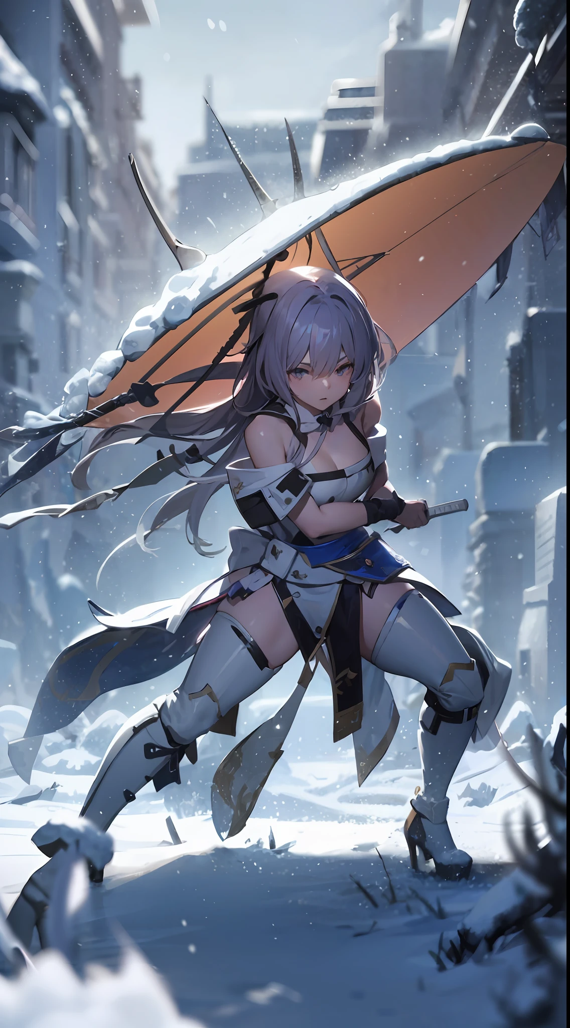 Resolute eyes, staring at the target, girl standing posture ready to draw a knife, judged chopping pose, clear fingers, in line with anatomy, holding the handle of the knife, wearing a big hat, the background above is wind and snow, wilderness, combat effects, ice and snow scenes, dynamic special effects, wind and snow special effects, ice and snow, focus on the girl's face, scene out of focus, battle glow on the sword, clear facial features, clear details, 8K