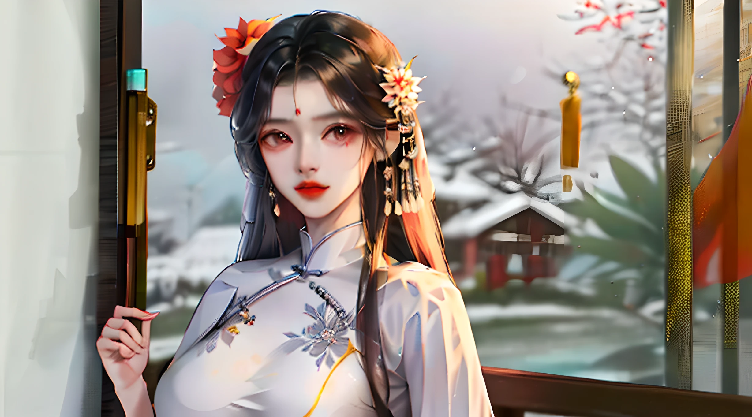 1girl,bush,fashi-girl,china dress,chinese clothes,hair flower,(masterpiece:1.4),(best quality:1.4),(shiny skin),red lips,looking at viewer,big breasts,cleft lip