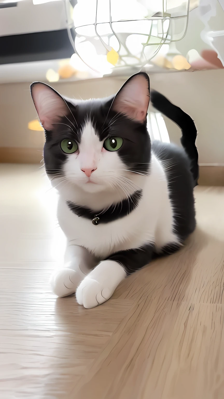 there is a black and white cat sitting on the floor, けもの, it has a piercing gaze, black and white cat, nekomimi, sora as a cat, looking directly at the camera, shikamimi, miko, taken with sony alpha 9, lovely green eyes, looks directly at camera, looking to the camera