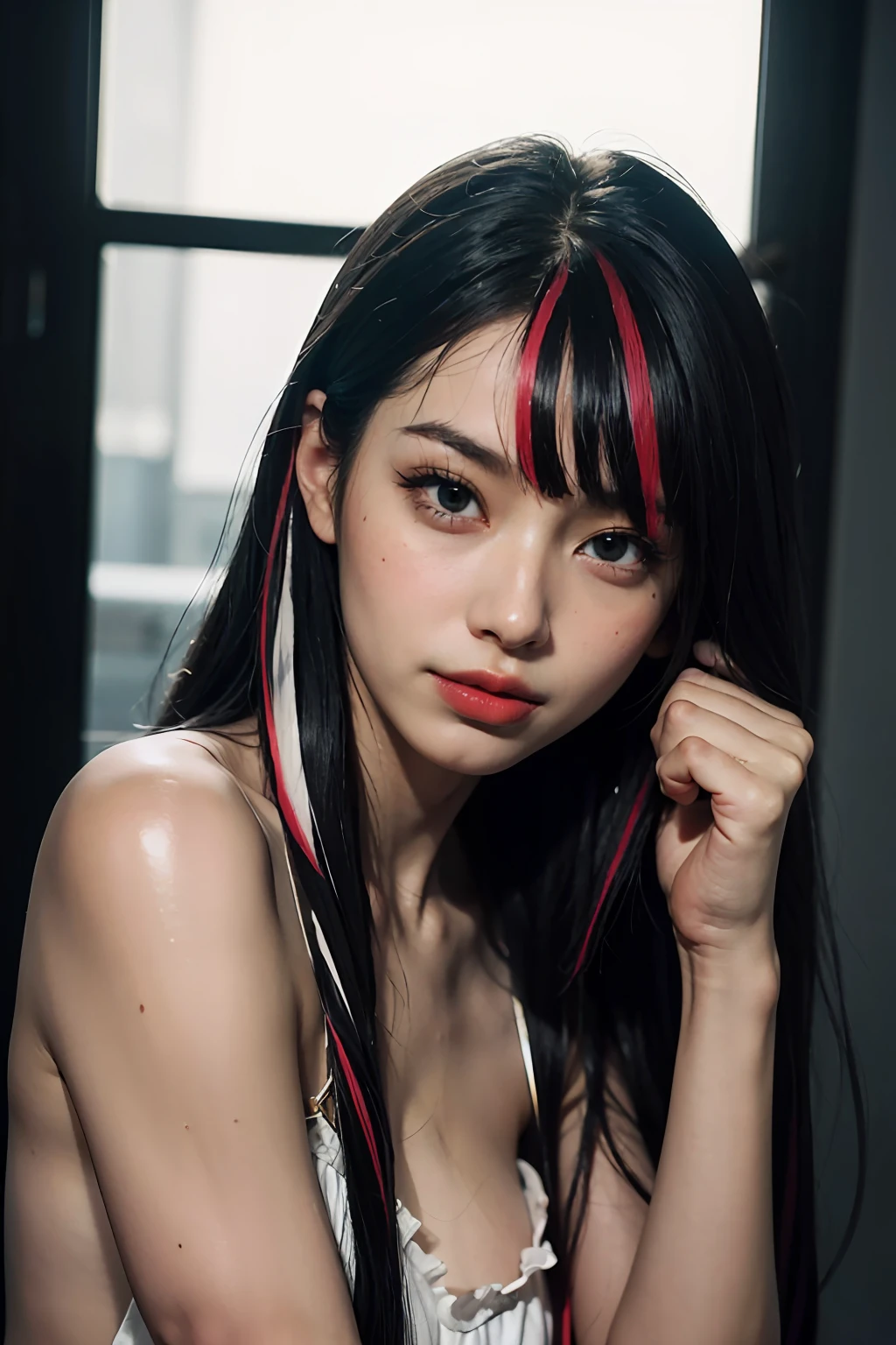 (8k, RAW photos, photorealistic: 1.25), ((((hairs of streaked black))))), (thin lip gloss, thin eyebrows, eyelashes, tear bags, snappy bangs, shiny face, shiny skin, best quality, ultra high resolution, depth of field, chromatic aberration, caustics, wide lighting, natural shading, Kpop idol), glasses, calm, long hair, smile, little devil, in the house, clenched fist, beautiful hands, five fingers, beautiful fingers, right fingers