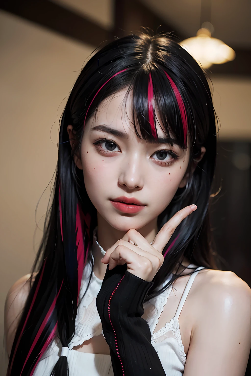 (8k, RAW photos, photorealistic: 1.25), ((((hairs of streaked black))))), (thin lip gloss, thin eyebrows, eyelashes, tear bags, snappy bangs, shiny face, shiny skin, best quality, ultra high resolution, depth of field, chromatic aberration, caustics, wide lighting, natural shading, Kpop idol), glasses, calm, long hair, smile, little devil, in the house, clenched fist, beautiful hands, five fingers, beautiful fingers, right fingers