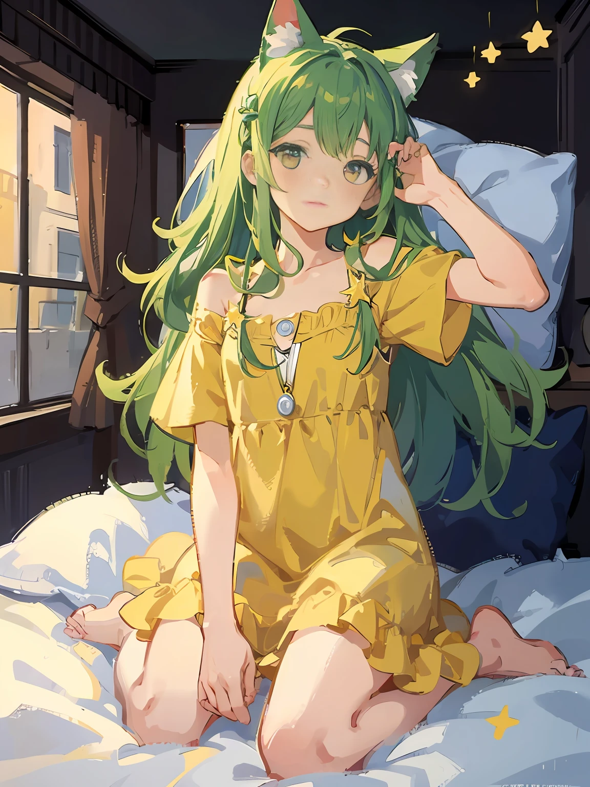 (masterpiece), top quality, super high resolution, cute facial features, flat design, yellow theme, one girl, light beige hair, indigo eyes, (sleepy eyes: 1.1), (cute yellow night dress), cute, one hand on face, bedtime, disheveled long hair, green hair, cat ears, full body, (simple dark background), giant stars shining in the dark, bedroom