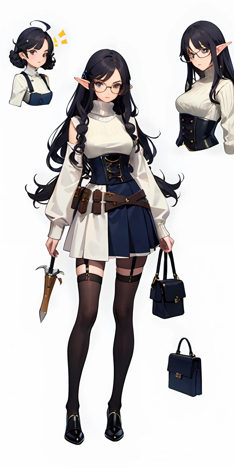 ((masterpiece)),(((best quality))),(character design sheet, same character, front, side, back), elven woman, glasses, long black curly hair, black hair, bows, lace, white turtle-neck sweater, white sweater, long colorful skirt, long skirt, satchels, pouches on waist, harness, tool belt, tools, corset, blue, navy, bright blue, corset