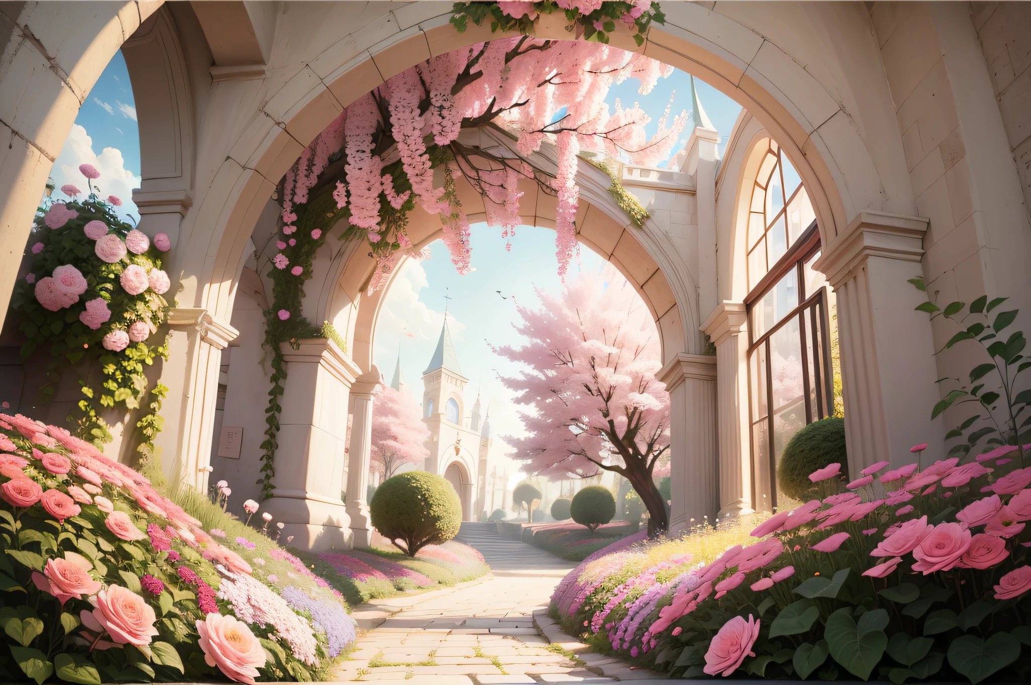 ((photo)), ((best quality)), ((masterpiece)), ((detailed)), a beautiful brightly lit professional photo studio backdrop with lots of flowers and pink and white floating spheres, archway portal to a fantasy world prominent, captured at eye level