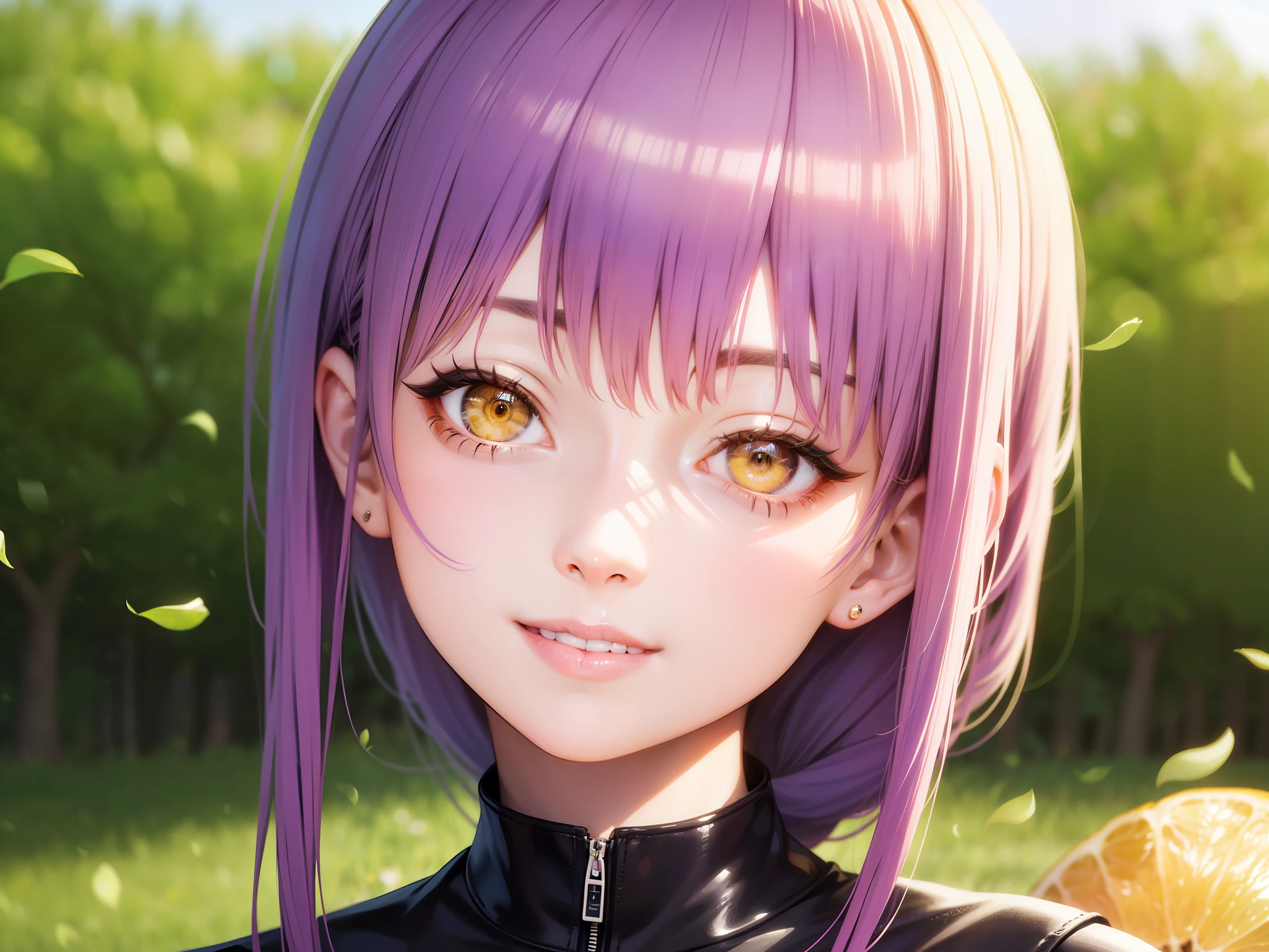 Crystal purple hair, lemon-yellow eyes, toothless smile, with a visor, outdoors, (1girl:0.992), (:d:0.583), (bangs:0.701), (blush:0.584), (lemon yellow eyes: 0.992), (looking at the audience: 0.711), (not opening the mouth), (crystal purple hair: 0.917), (white ribbon: 0.826), (double twist braid: 0.571), (smile: 0.855), (solo: 0.949), (upper body: 0.760),