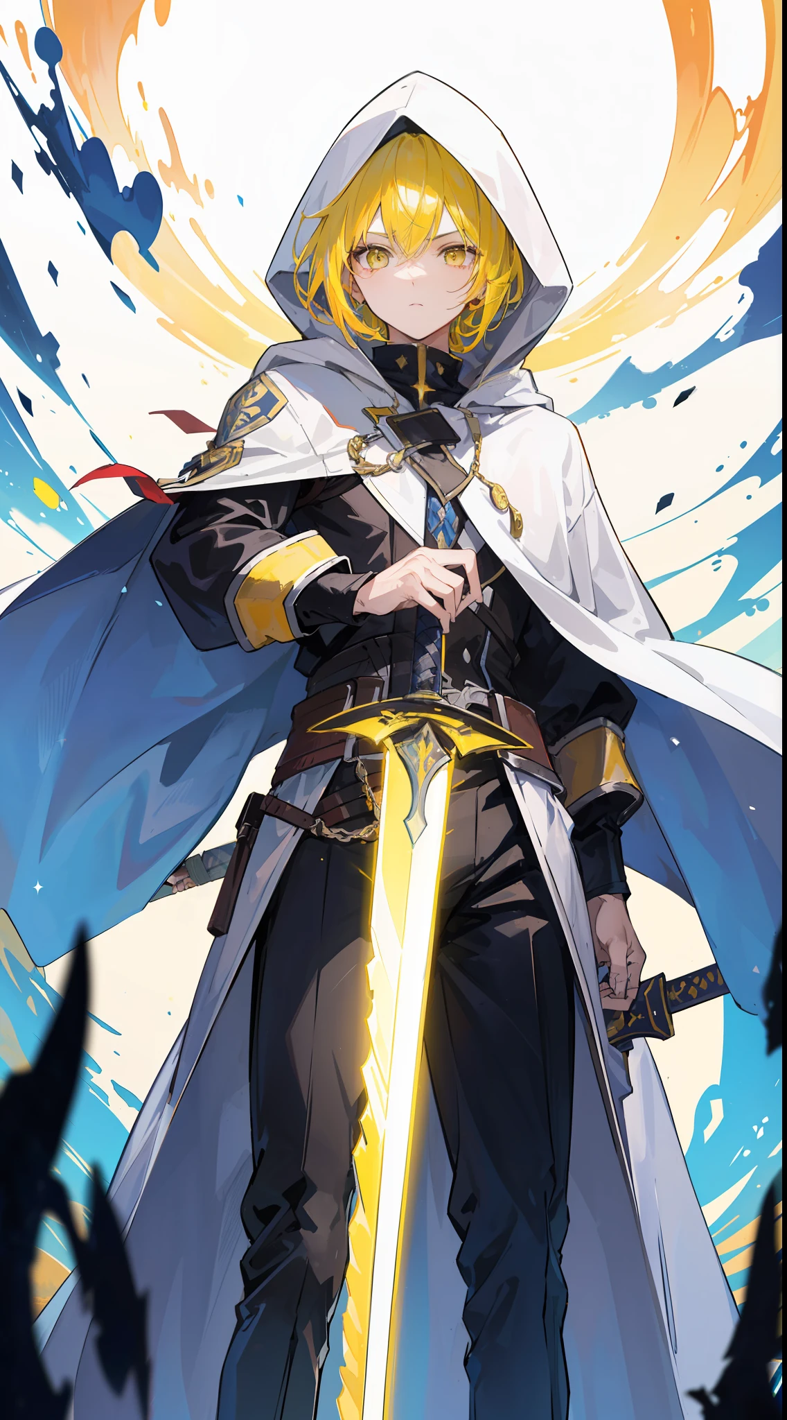 (a man with yellow hair and yellow eyes),(standing above millions of souls),(wielding a shining sword),wearing a hood,(white cloak)