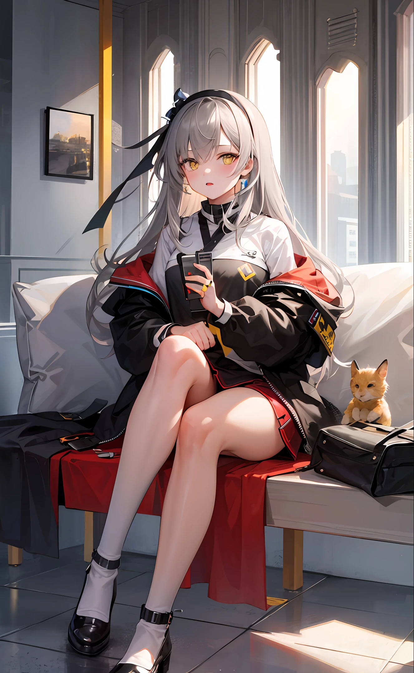 Masterpiece, high quality, ridiculous, 1 girl, gray hair, yellow eyes, looking at the audience, ((solo exhibition)), sitting, blue leg rings on thighs