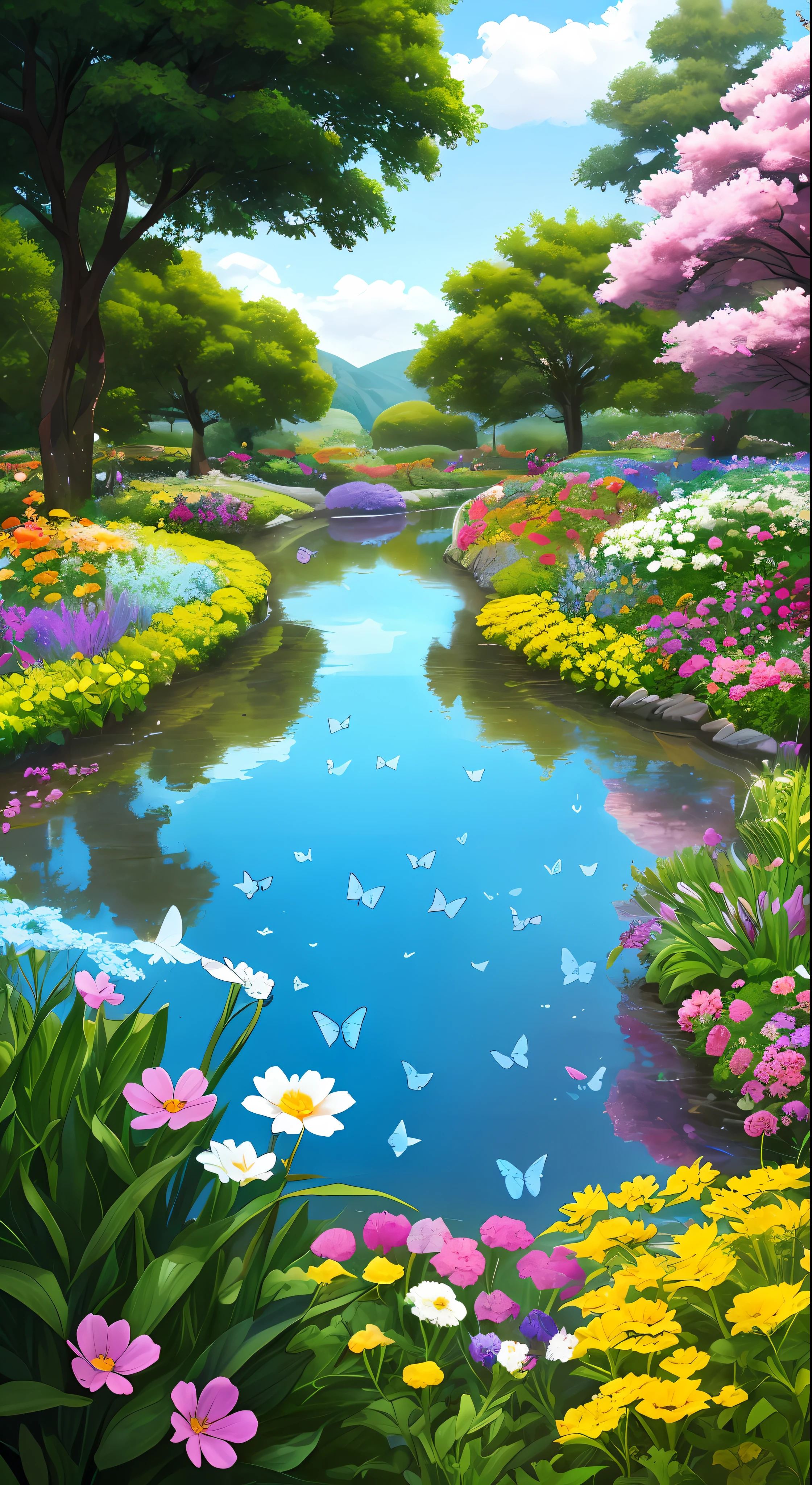 Estrelita guided the two sisters down a secret path, leading them to an even more stunning part of the garden. There, they discovered a lake of crystal clear waters, surrounded by luminous flowers that emitted a sweet and comforting aroma. Butterflies flew around, creating a spectacle of color and movement. Illustration of "happy" in a flower garden. Blue sky of clouds tending the garden with butterflies. Beautiful illustration, beautiful painting, beautiful UHD 4k art, beautiful art, a beautiful art illustration, guweiz style art, beautiful painting, atey ghailan 8k, artgerm and atey ghailan, (long blonde hair) taking care of butterflies, (butterflies). (best quality, masterpiece), happy, particle, wind, flower, full body, garden background, looking at butterflies. --auto