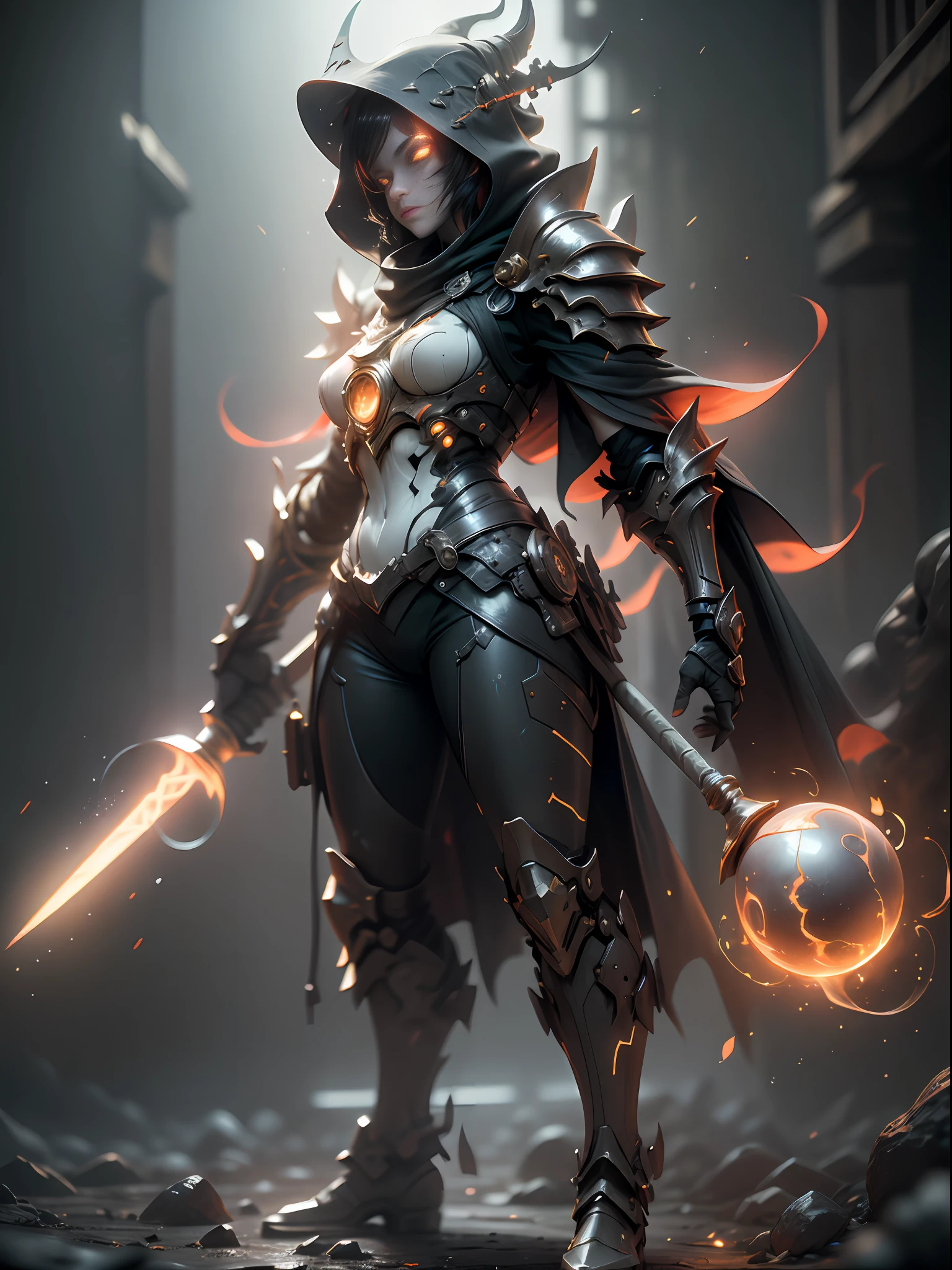 Ghost mage holding lava wand, male mage, full body red armor, super cool ghost mage, wearing a fiery red cloak, huge staff, glowing lava magic ball, magic pose, tall, glowing eyes, with mask, tall figure, perfect body proportions, looking up perspective, IP by pop mart, edge light, avatar, octane rendering, blender, black background of riot battlefield, 3d, c4d, best quality, very detailed, ancient technology, HDR (High Dynamic Range), Ray Tracing, NVIDIA RTX, Super Resolution, Unreal 5, Subsurface Scattering, PBR Textures, Post-processing, Anisotropic Filtering, Depth of Field, Maximum Sharpness and Acutance, Multi-layer Textures, Albedo and Highlight Maps, Surface Shading, Accurate Simulation of Light-Material Interactions, Perfect Proportions, Octane Rendering, Two-tone Illumination, Low ISO, White Balance, Rule of Thirds, Wide Aperture, 8K RAW, High Efficiency Sub-Pixel, Subpixel Convolution, Luminous Particles, Light Scattering, The Tyndall effect