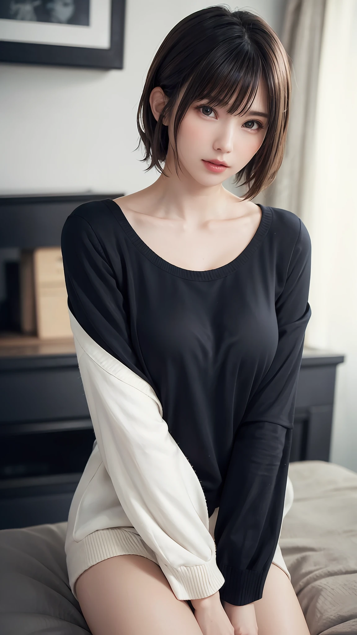 (masterpiece:1.3), (8k, photorealistic, RAW photo, best quality: 1.4), (1girl), beautiful face, (realistic face), (black hair, short hair:1.3), beautiful hairstyle, realistic eyes, beautiful detailed eyes, (realistic skin), beautiful skin, (sweater), absurdres, attractive, ultra high res, ultra realistic, highly detailed, golden ratio
