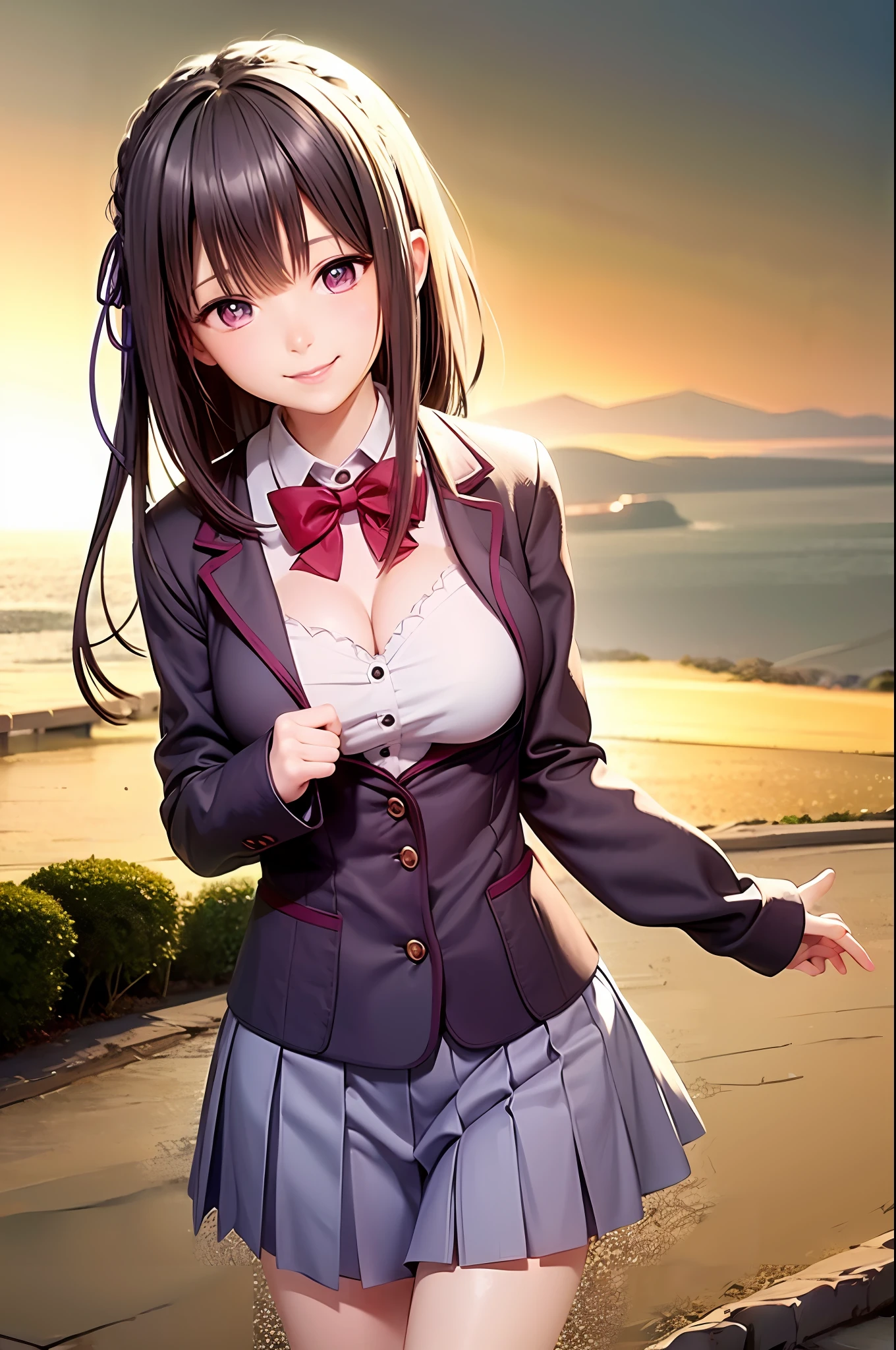 (school uniform:1.2),aimiliya,cleavage, medium breasts,light smile,best quality