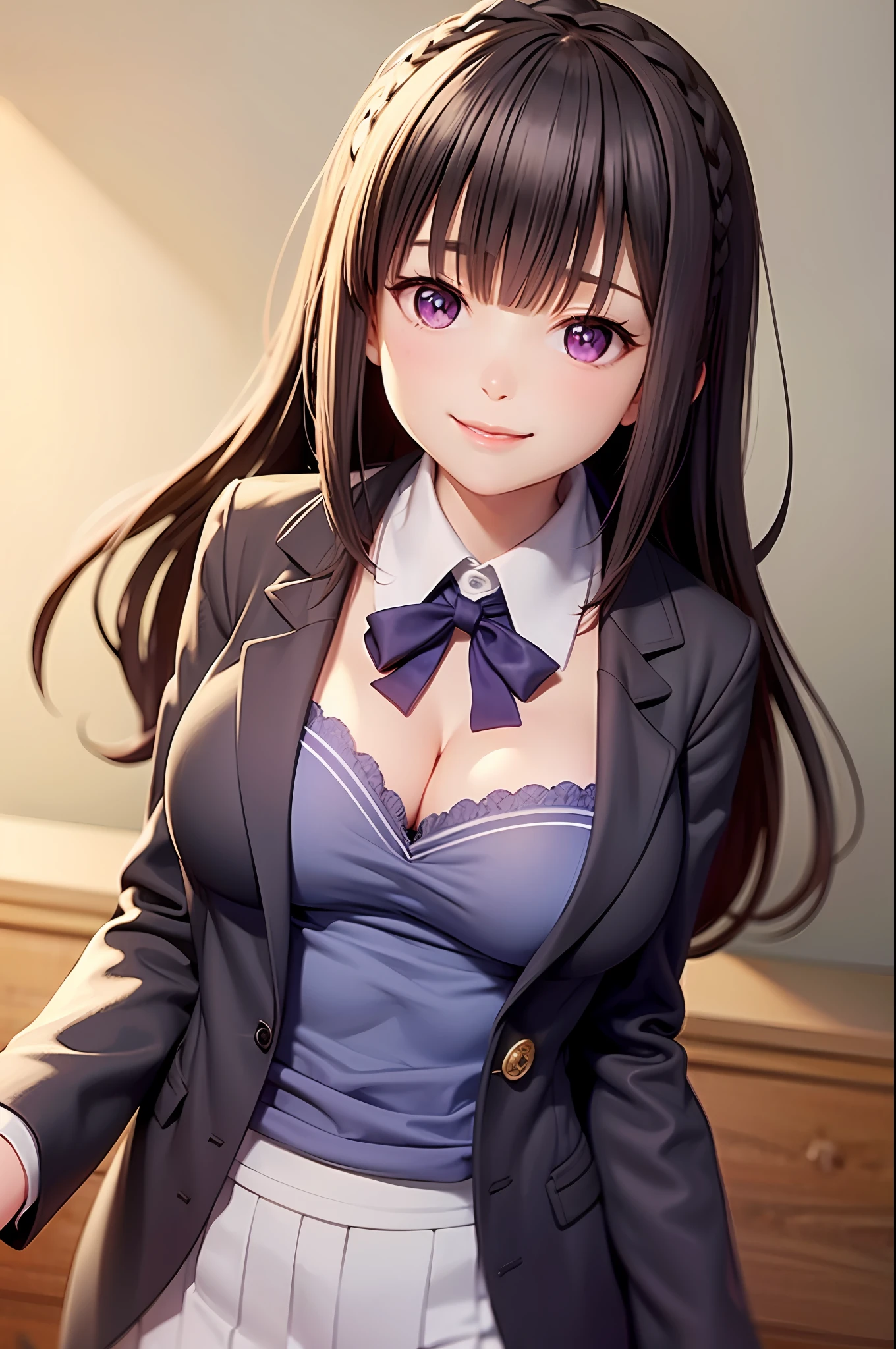 (school uniform:1.2),aimiliya,cleavage, medium breasts,light smile,best quality