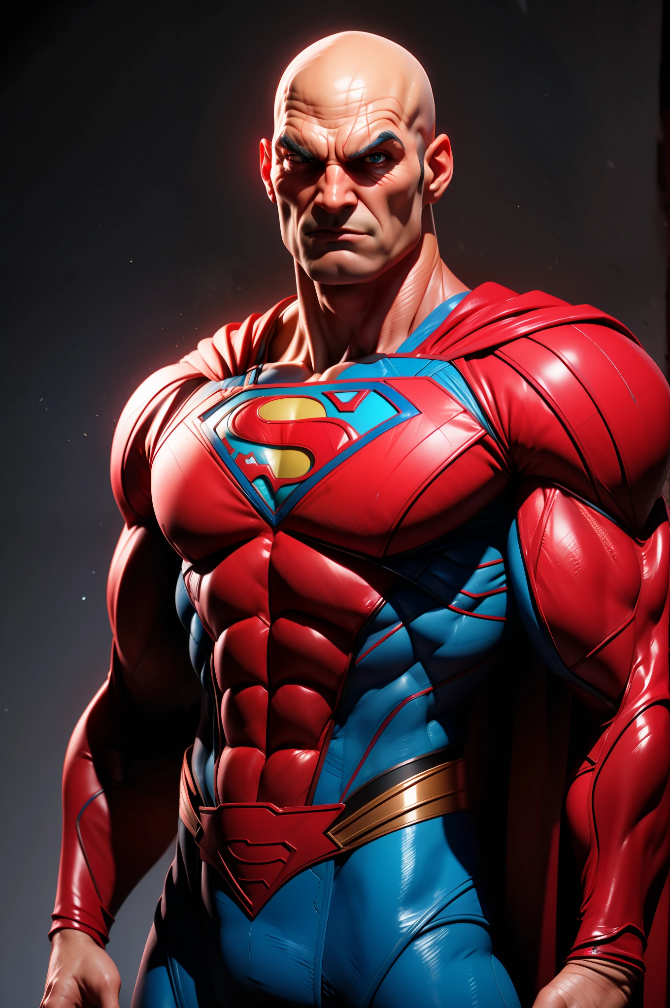 ultra realistic bald Superman, cinematic image, 3D, 8k, imax, 60mm cinematic photography.