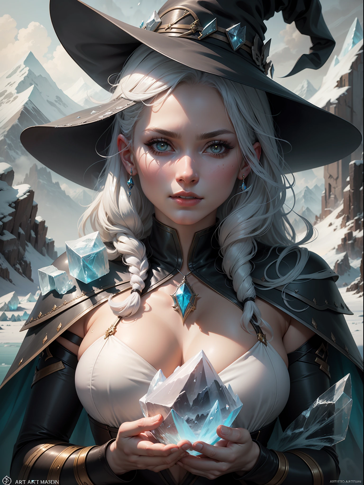 Beautiful witch of ice, shards of ice, spell of ice, splash of ice, world of ice, mountain of ice, fantasy, cinematic lighting, 8k wallpaper, ultra detailed, art by artgerm and greg rutkowski and alphonse mucha