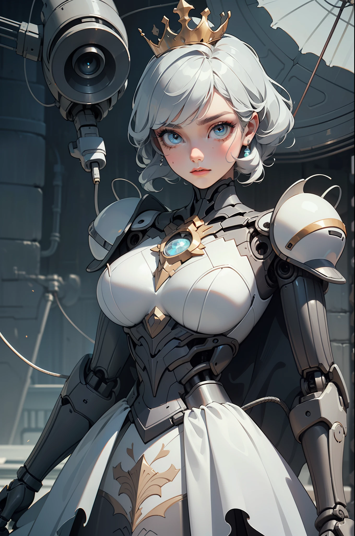 (Artwork of outstanding craftsmanship),[Detailed illustrations, art based on extremely ideal anatomy, Very detailed and detailed drawings, slow and delicate lines, realistic texture expression],(((Color tressed main lines))),(Modern city in the distance),[Giant white ROBOTGirl SKINNY towering over the building street (total length 40 meters)],((AUTOMATON)) ROBOT Face ( Luminescent eyes) Chain-like hair MACHINEKNIGHT (titanium skeleton) ((Delicate thin fingers)),((Called white porcelain princess lily)) Large crown Large raised shoulder rest [Graceful appearance with many curved surfaces Smooth body surface] ((((Ruffled petticoat))) (White lily pattern),(TITANWEAPON) Mecha body Metal skin ((Cable (gear))),(( Platinum Coating)),(Science Fiction Mechanical),[Huge Feeling],((Perfectly proportioned proportions: 1.2))),((Fine and beautiful skin expression (Transparency)),(High-level built design,((Advanced structural understanding of materials)),(Ideal color coordination)),((Complex and beautiful decoration)) ((Dense details) ),(Lustrous hair details),((Perfect hand details)),(Beautiful perfect face (Realistic face details: 0.5)),((Clear gaze)),(((Long and beautiful eyelashes: 0.4))),((Perfect eye details (Beautifully drawn eyes with details))),(Detail,High definition)),[(Precision detail),((Multilayer texture)),HighQuality,High Resolution],(( Accurate simulation of the interaction between light and material, understanding of air flow, mechanically correct expression))), ((visual art with a sense of narrative)).