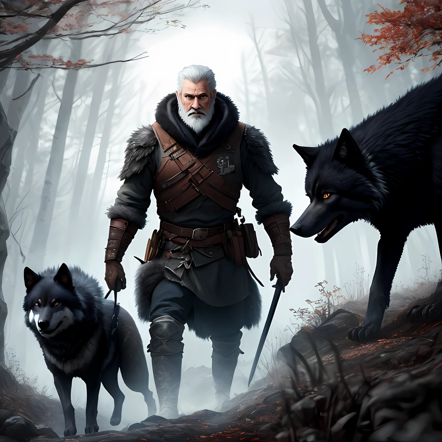 Masterpiece, best quality, extremely detailed CG unified 8k wallpaper, combatant, hold a weapon, well-groomed gray beard, beside a large black wolf, looking at camera, looking determined, late autumn afternoon fantasy.