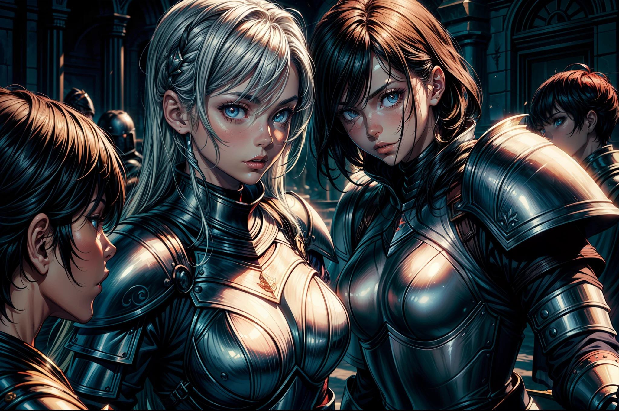 there is a woman in armor holding a sword in front of a group of people, female paladin, portrait of female paladin, gorgeous female paladin, picture of female paladin, female knight, fantasy paladin woman, of a beautiful female knight, beautiful female knight, portrait knight female, silvain sarrailh, girl in knight armor