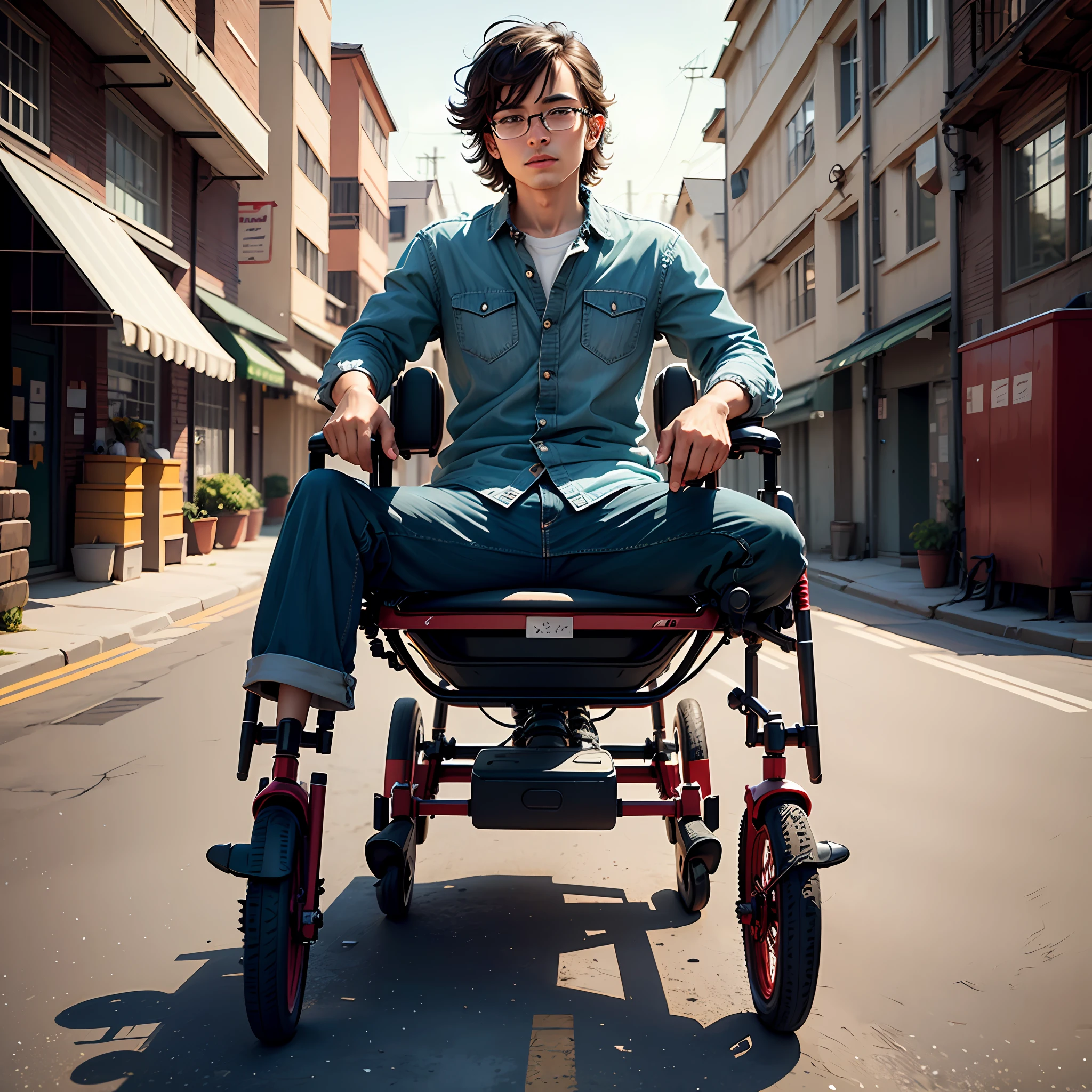 An electric wheelchair made of metal, mechanical wheelchair, symmetrical tires, mechanical style, HD, outdoor, with pedals --auto