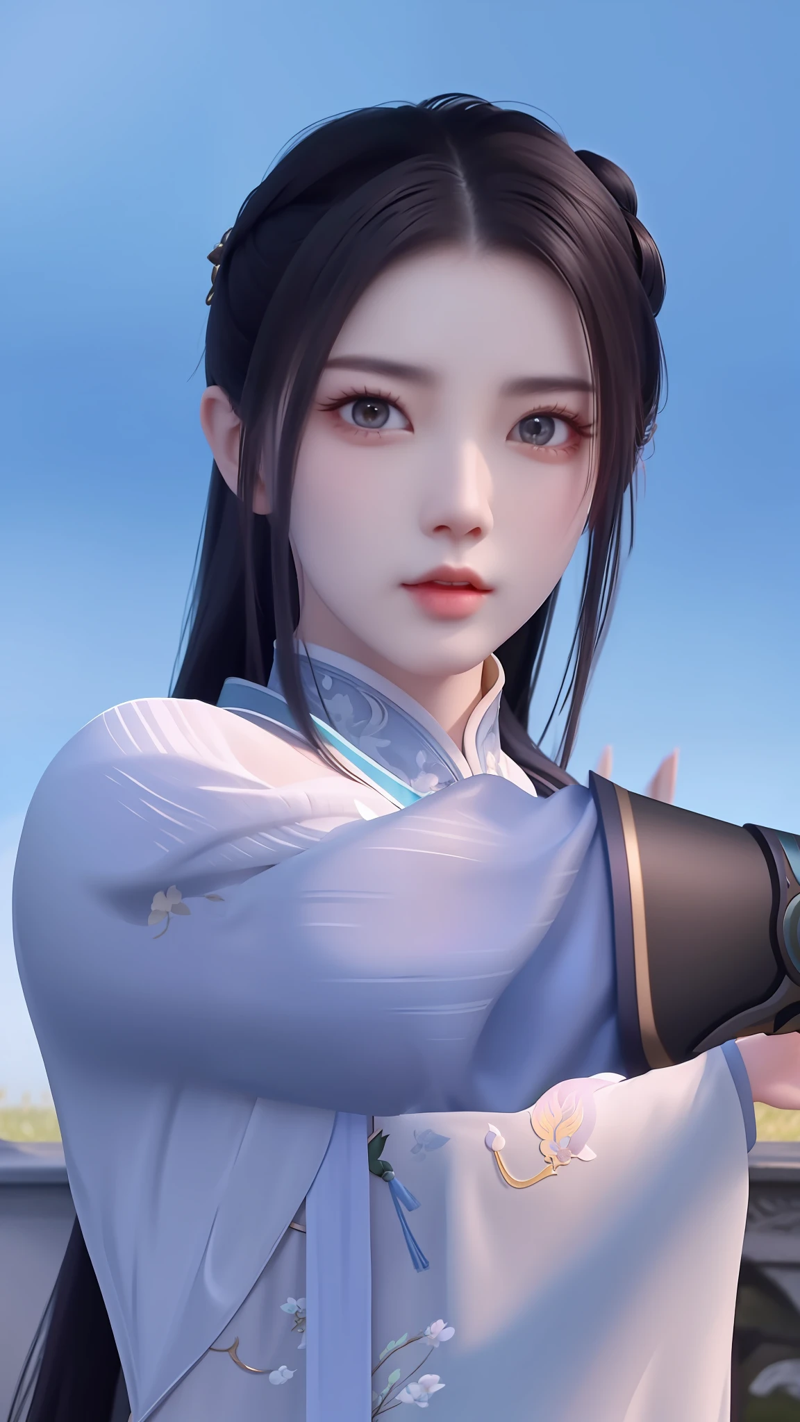 a close up of a woman holding a gun in a field, xianxia hero, zhao yun, xianxia, yun ling, heise jinyao, inspired by Li Mei-shu, bian lian, inspired by Zhao Mengfu, inspired by Zhao Yuan, inspired by Cao Zhibai, yang qi, full body xianxia