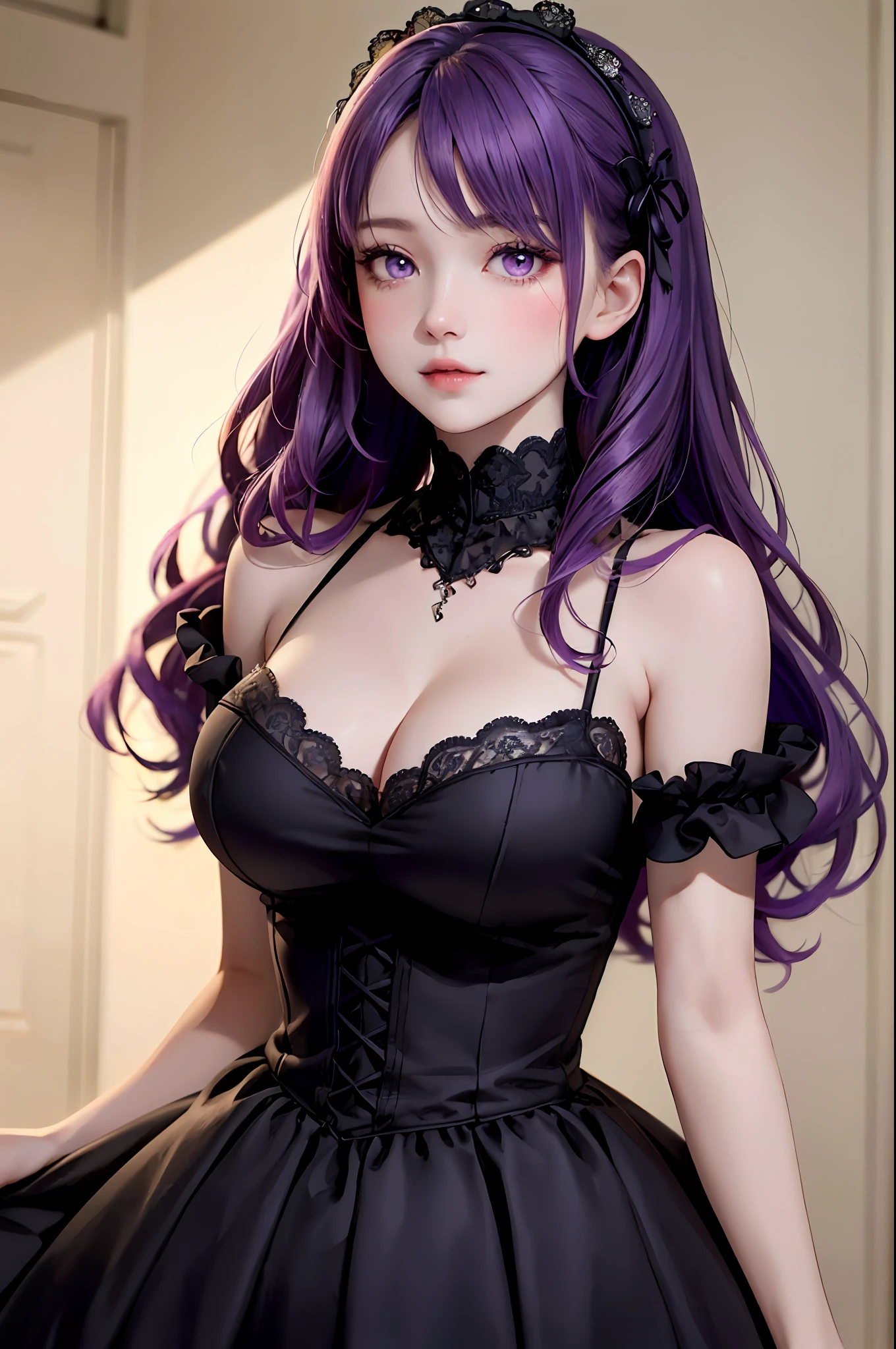 Masterpiece, Best Quality, 8K, Detailed Skin Texture, Realistic, Detailed Cloth Texture, Beautiful Detail Face, Intricate Details, Solo, 1 Cute Anime , Ultra detailed, detailed hair, long purple hair, Qi bangs, blush, light smile, (Open eyes: 1.3, purple eyes), (Eye reflex: 1.6), (Smooth, skin reflects light), (Heavy makeup, slim, dress up as gothic_lolita, Dynamic pose, updraft, Detailed clothing details), (big breasts (d)), thighs, extreme gorgeousness, gothic_lolita style, kids room background, depth of field, side shots