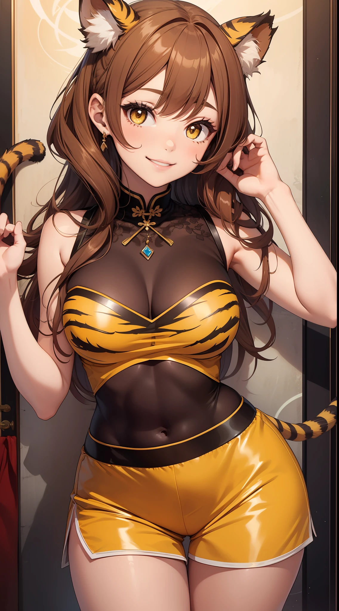 Young girl, cinnamon hair in two buns, yellow eyes, Chinese sleeveless dress, shorts, tiger tail, smile, open chest, masterpiece, high quality