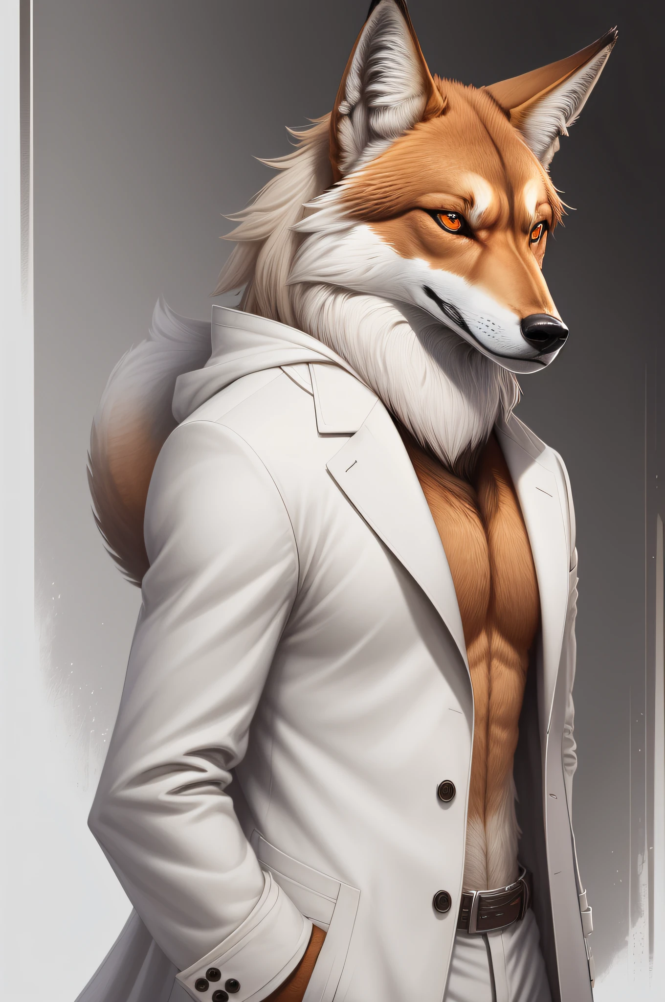 Create an image of an anthropomorphic maned wolf with a serious demeanor, appearing to be around 19 years old. He has the typical reddish-brown fur of a maned wolf, which is sleek and well-groomed. To add a touch of style to his appearance, he is wearing a white coat as clothing.

The white coat fits him perfectly and adds a sense of refinement to his overall look. Despite his youthful age, the maned wolf exudes a mature presence and carries himself with confidence and authority.

Emphasize his anthropomorphic features, such as his upright posture, anthropomorphic hands, and expressive facial features. Capture his serious expression, highlighting the intensity in his amber eyes, as well as the details of the white coat he is wearing.

Showcase the unique blend of the maned wolf characteristics and the stylish white coat, capturing the essence of this anthropomorphic individual with a serious yet refined appearance.
