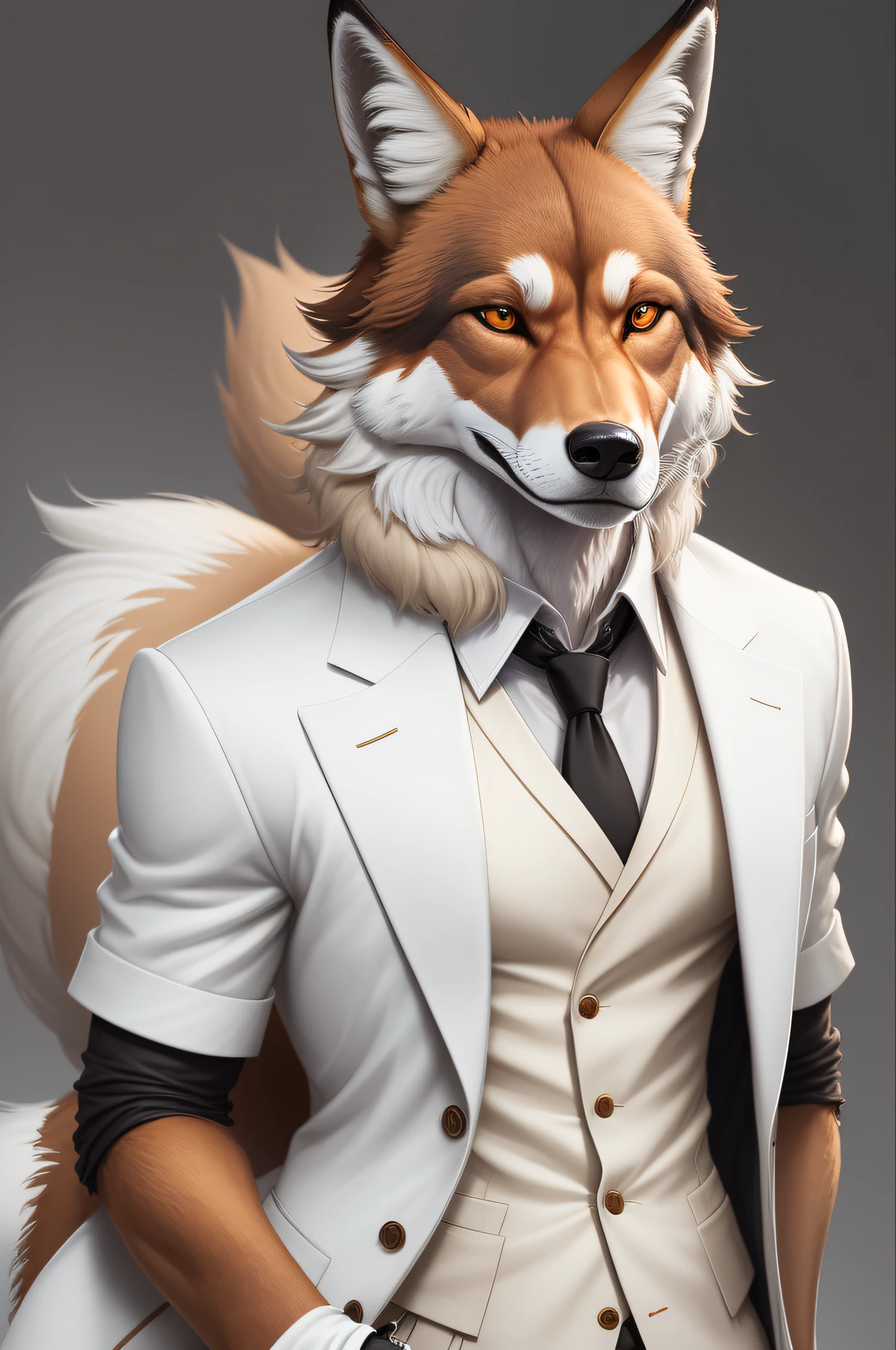 Create an image of an anthropomorphic maned wolf with a serious demeanor, appearing to be around 19 years old. He has the typical reddish-brown fur of a maned wolf, which is sleek and well-groomed. To add a touch of style to his appearance, he is wearing a white coat as clothing.

The white coat fits him perfectly and adds a sense of refinement to his overall look. Despite his youthful age, the maned wolf exudes a mature presence and carries himself with confidence and authority.

Emphasize his anthropomorphic features, such as his upright posture, anthropomorphic hands, and expressive facial features. Capture his serious expression, highlighting the intensity in his amber eyes, as well as the details of the white coat he is wearing.

Showcase the unique blend of the maned wolf characteristics and the stylish white coat, capturing the essence of this anthropomorphic individual with a serious yet refined appearance.