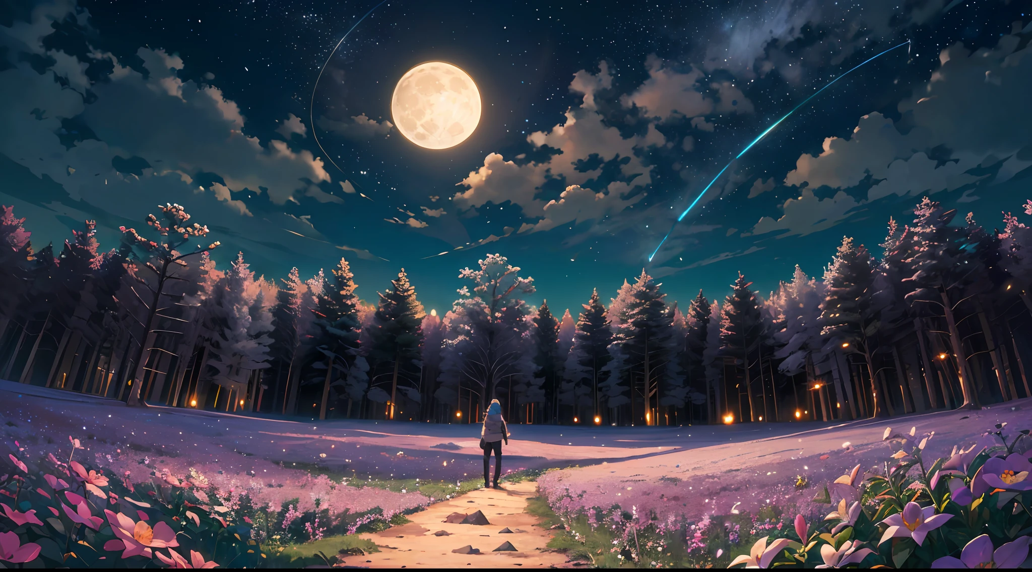 Vast landscape photo, (viewed from below, the sky is above and the open field is below), a girl standing on a flower field looking up, (full moon: 1.2), (meteor: 0.9), (nebula: 1.3), distant mountains , Trees BREAK Crafting Art, (Warm Light: 1.2), (Fireflies: 1.2), Lights, Lots of Purple and Orange, Intricate Details, Volumetric Lighting, Realism BREAK (Masterpiece: 1.2), (Best Quality), 4k, Ultra-Detailed, (Dynamic Composition: 1.4), Very Detailed, Colorful Details, (Rainbow Colors: 1.2), (Glow Lighting, Atmospheric Lighting), Dreamy, Magical, (Solo: 1.2)