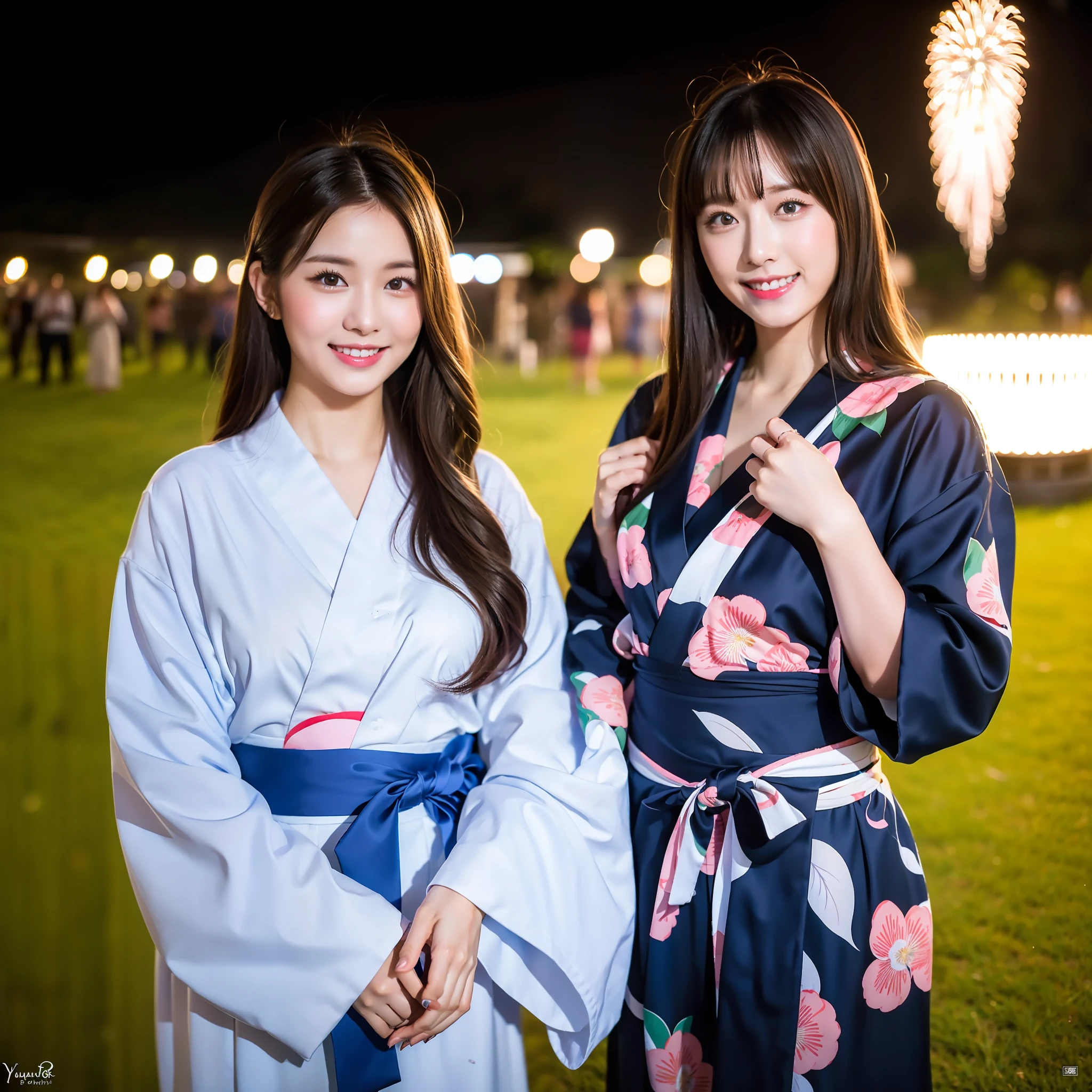 ((Best Masterpiece)), ((High Quality)), ((Real)), ((8k)) yukata, fireworks display, Japan people, 20 years old, 2 beauties, slender, sony slr photography, 1 long hair, 1 bob hair, camera gaze, stall, apple candy, smile, night, background realistic, photo, pink yukata, light blue yukata