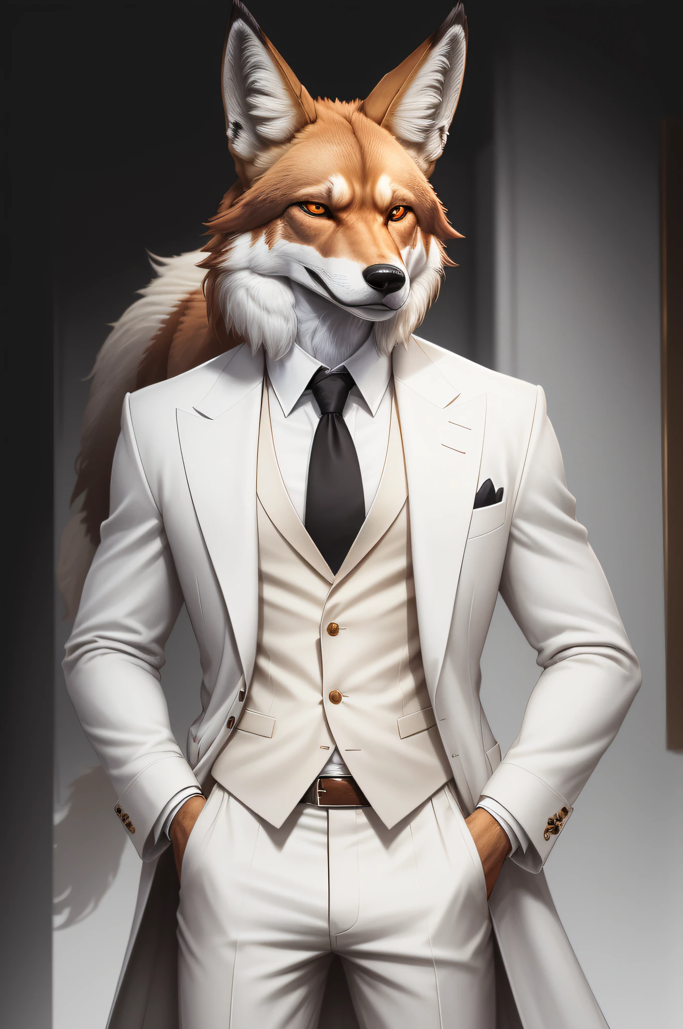 Create an image of an anthropomorphic maned wolf with a serious demeanor, appearing to be around 19 years old. He has the typical reddish-brown fur of a maned wolf, which is sleek and well-groomed. To add a touch of style to his appearance, he is wearing a white coat as clothing.

The white coat fits him perfectly and adds a sense of refinement to his overall look. Despite his youthful age, the maned wolf exudes a mature presence and carries himself with confidence and authority.

Emphasize his anthropomorphic features, such as his upright posture, anthropomorphic hands, and expressive facial features. Capture his serious expression, highlighting the intensity in his amber eyes, as well as the details of the white coat he is wearing.

Showcase the unique blend of the maned wolf characteristics and the stylish white coat, capturing the essence of this anthropomorphic individual with a serious yet refined appearance.